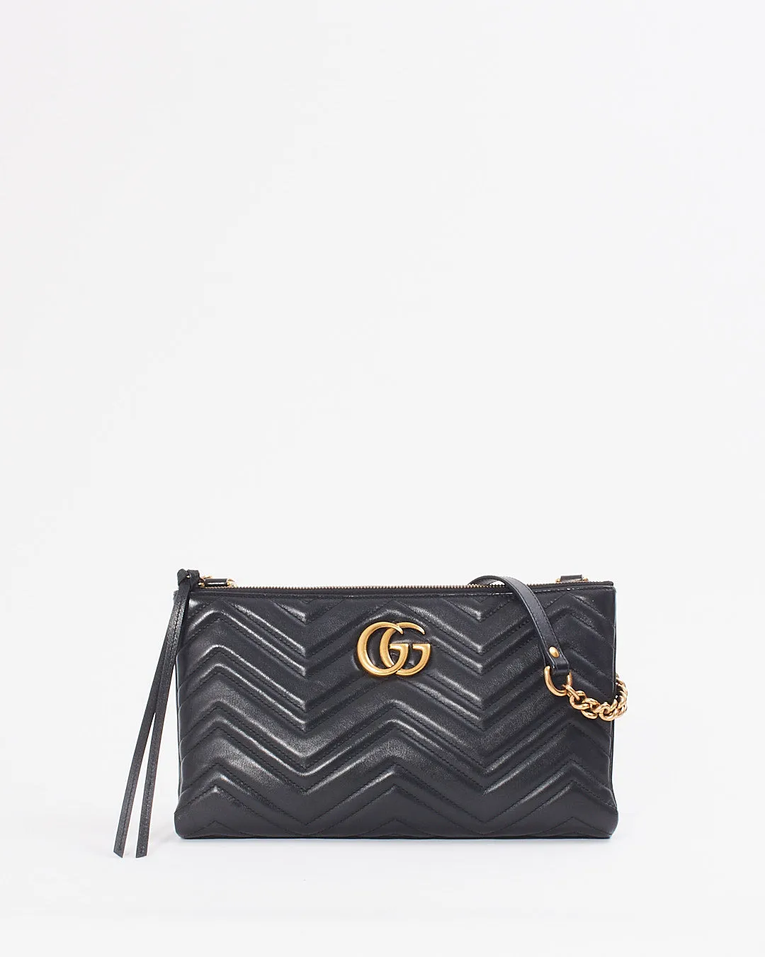 Gucci Black Leather Marmont GG Matelasse Shoulder Chain Bag