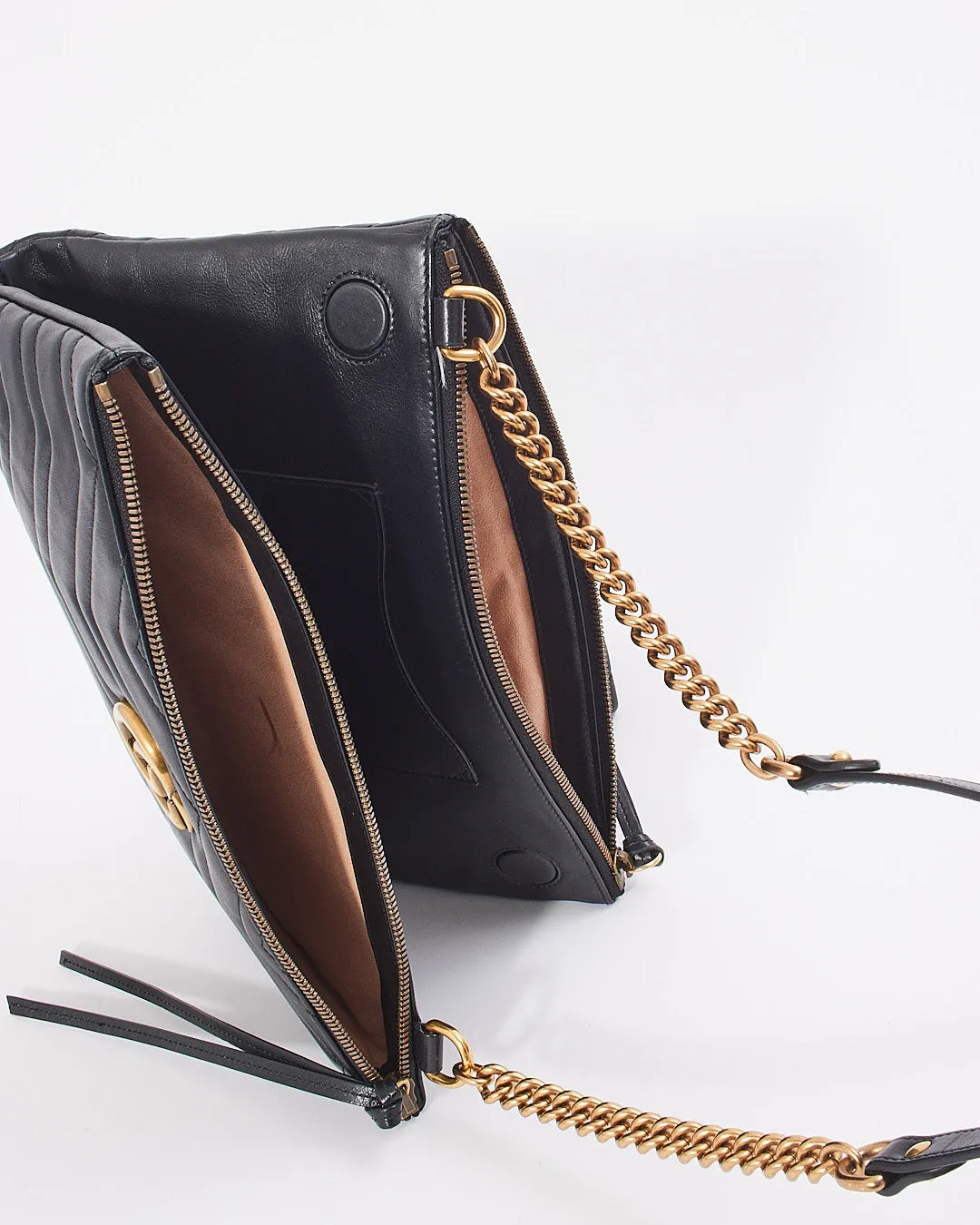 Gucci Black Leather Marmont GG Matelasse Shoulder Chain Bag