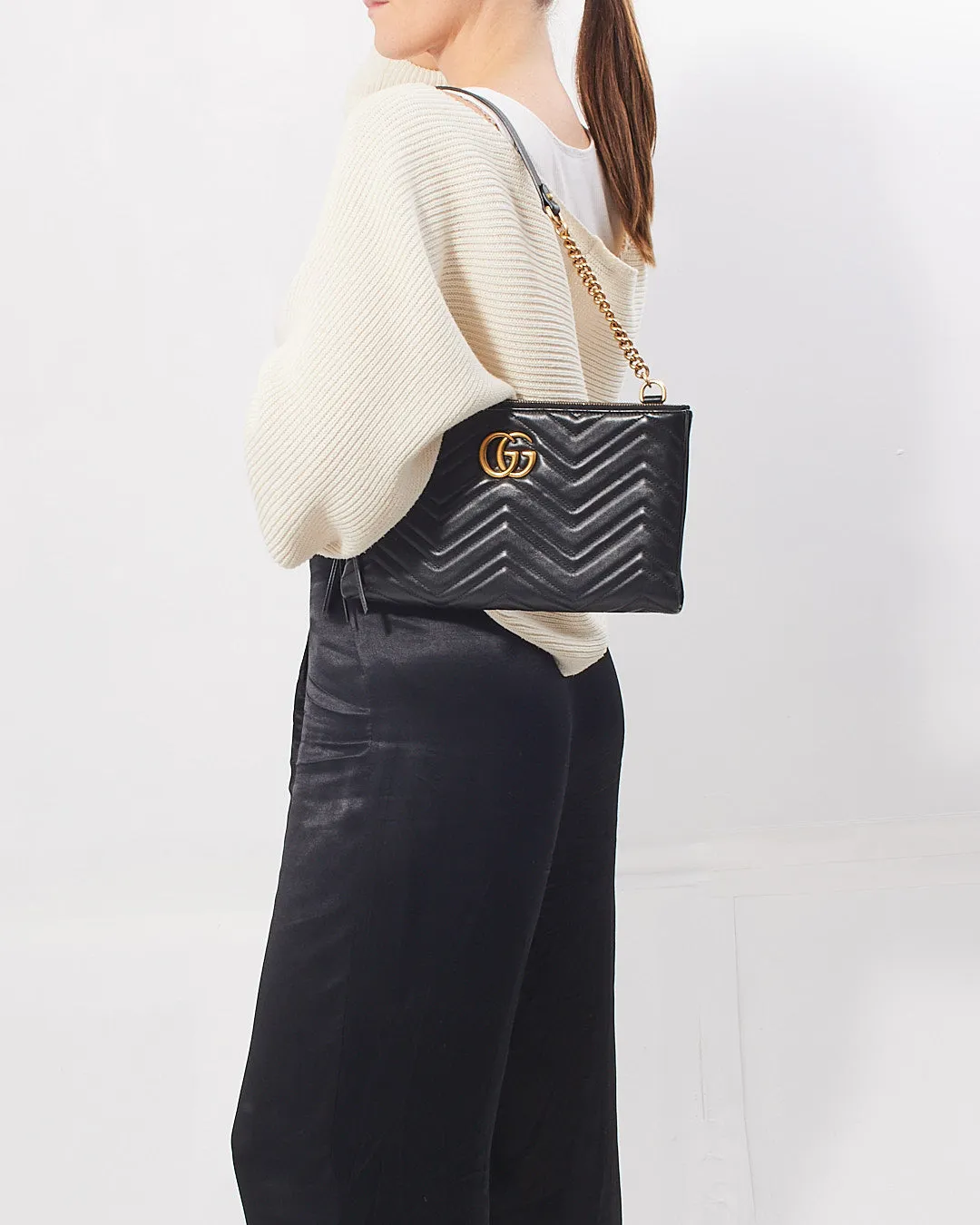 Gucci Black Leather Marmont GG Matelasse Shoulder Chain Bag