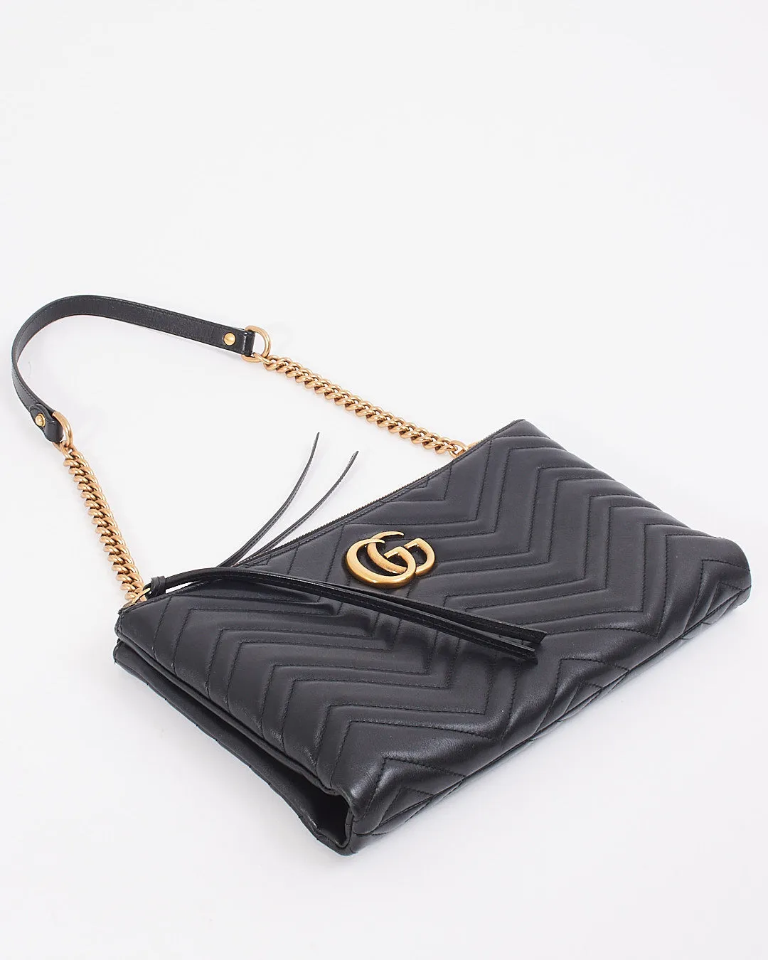Gucci Black Leather Marmont GG Matelasse Shoulder Chain Bag