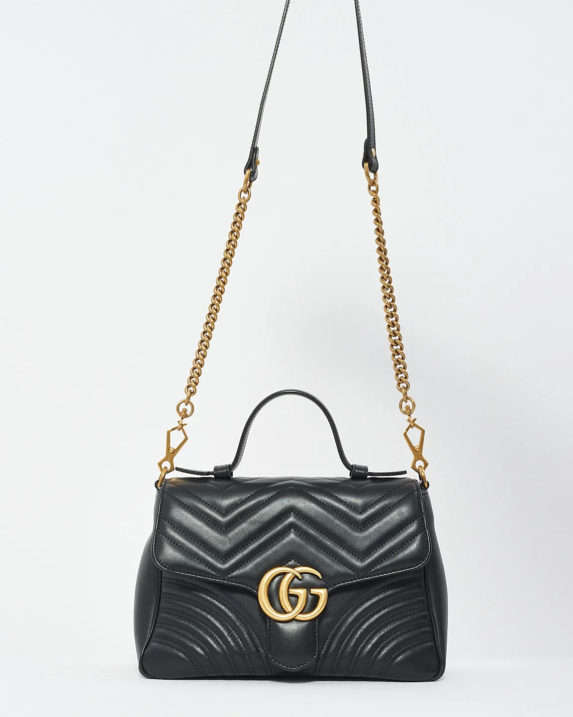Gucci Black Matelssé Leather GG Marmont Small Top Handle Bag