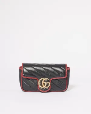 Gucci Black/Red Matelassé Diagonal Leather Torchon GG Marmont Super Mini Bag