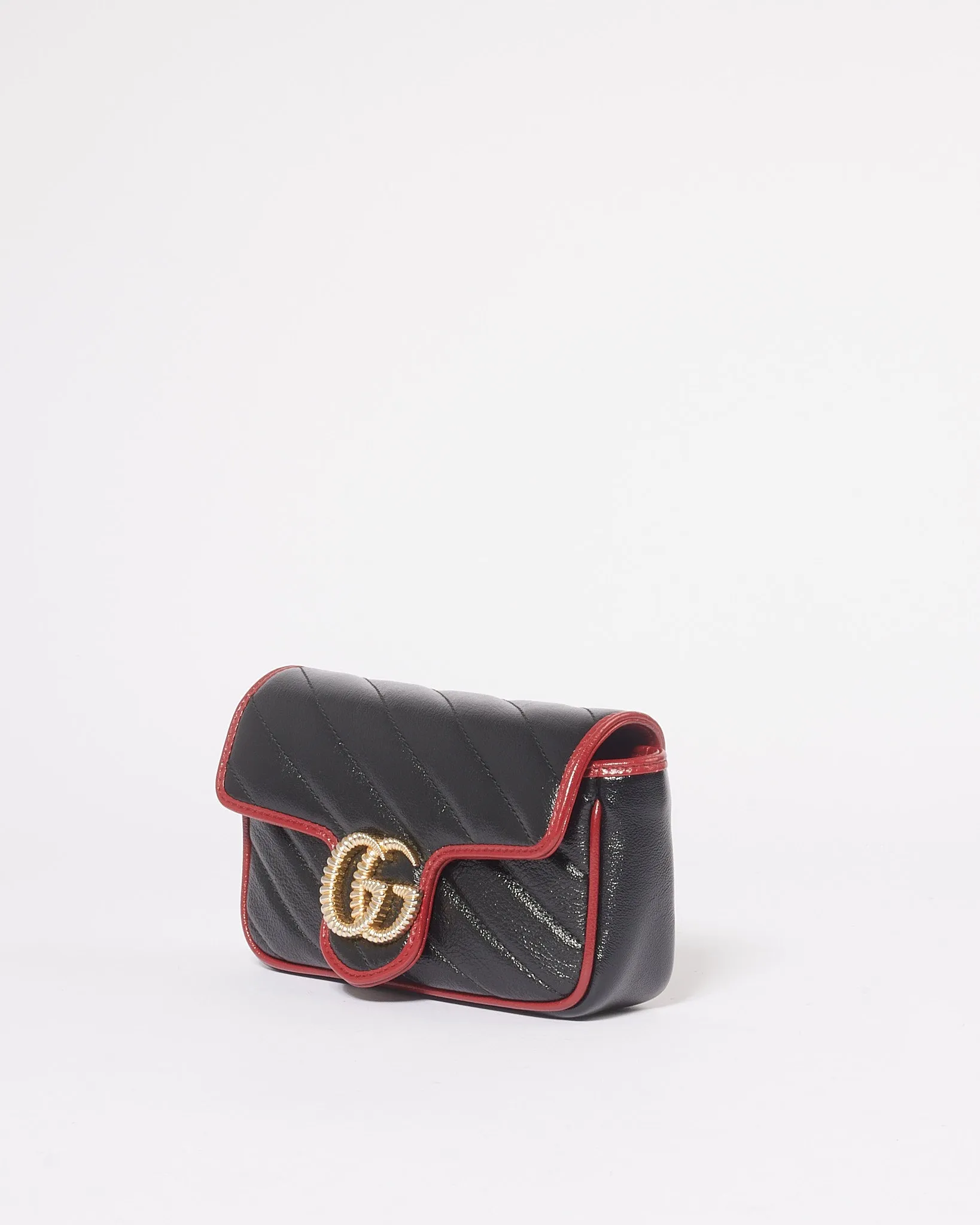 Gucci Black/Red Matelassé Diagonal Leather Torchon GG Marmont Super Mini Bag