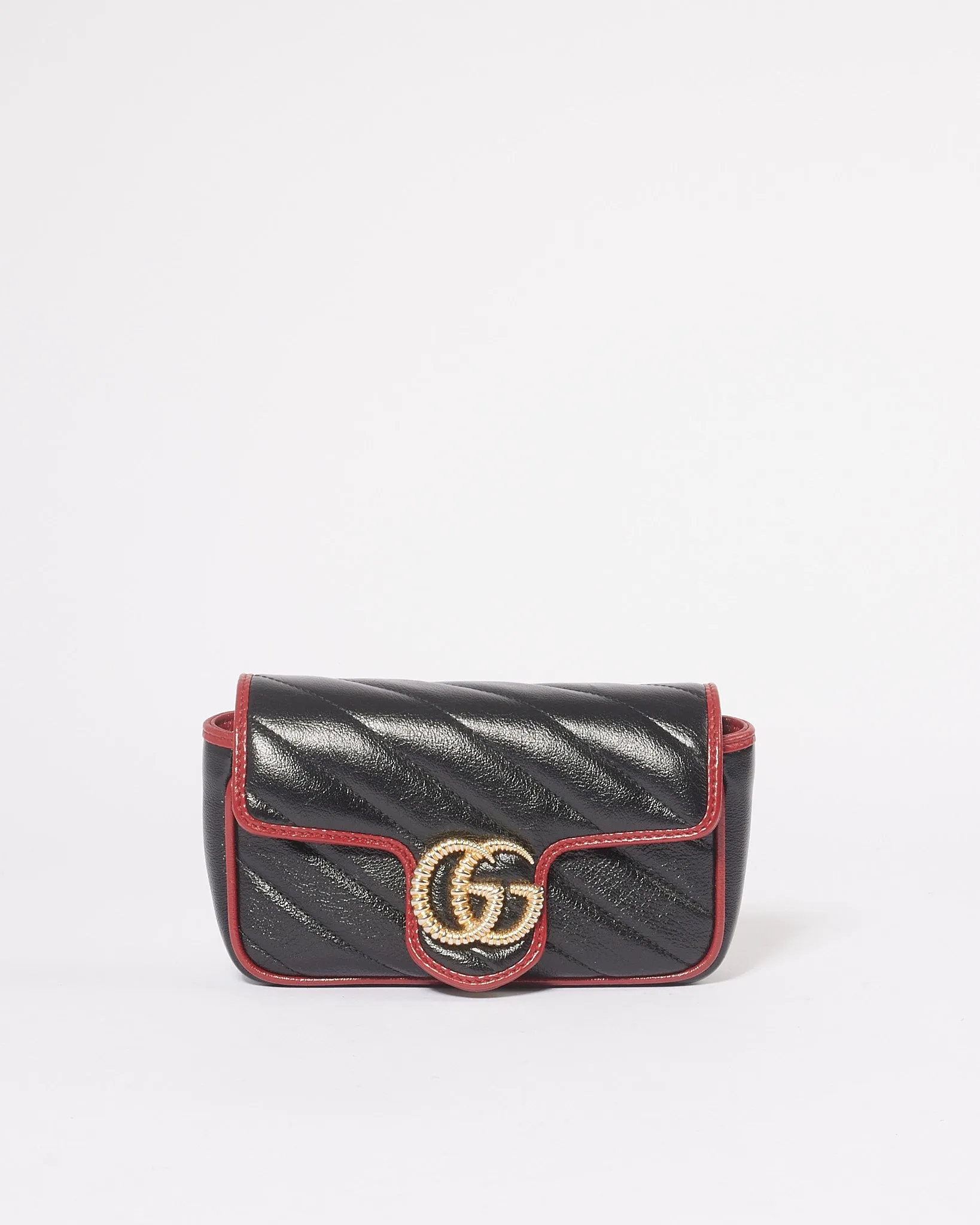 Gucci Black/Red Matelassé Diagonal Leather Torchon GG Marmont Super Mini Bag