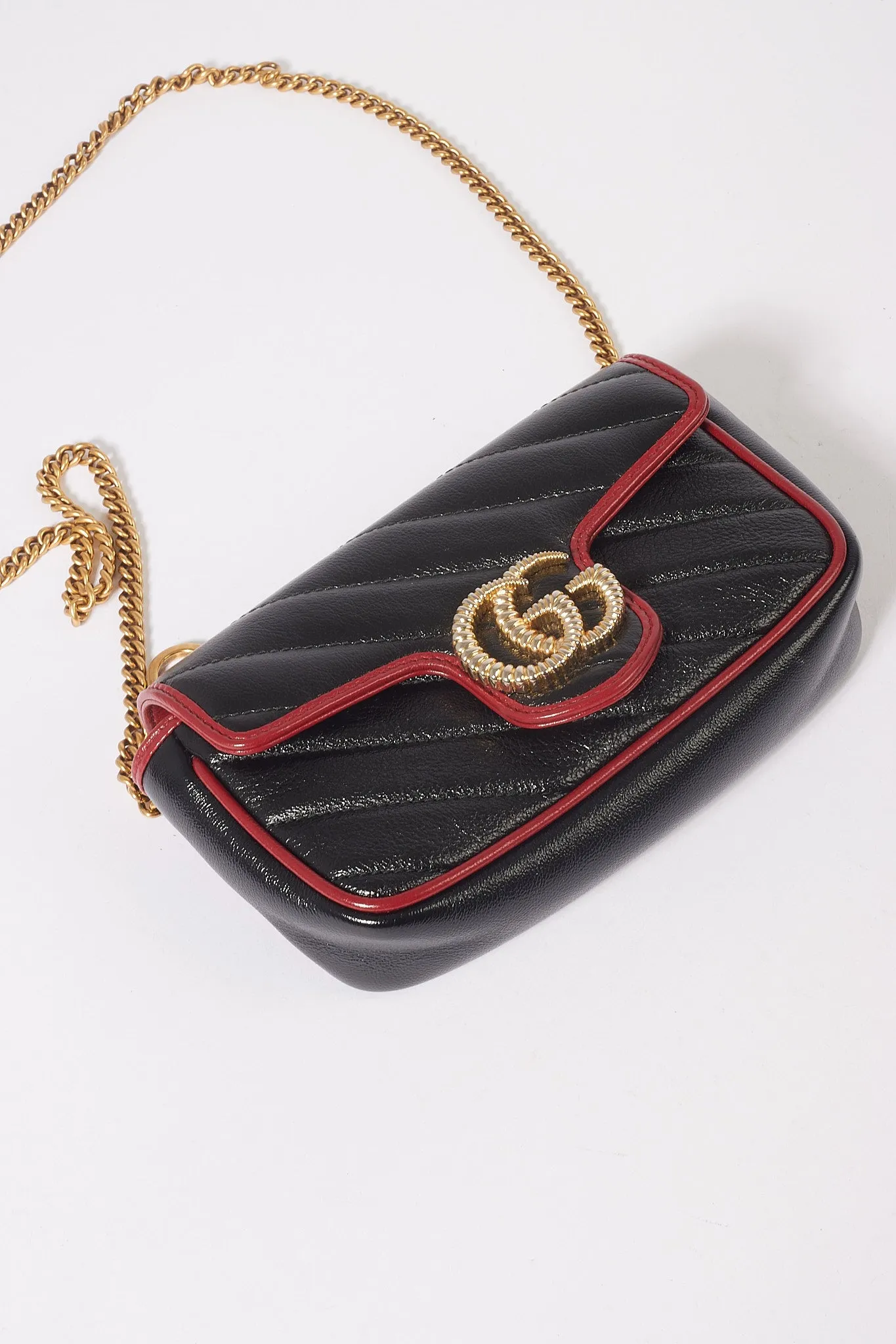 Gucci Black/Red Matelassé Diagonal Leather Torchon GG Marmont Super Mini Bag