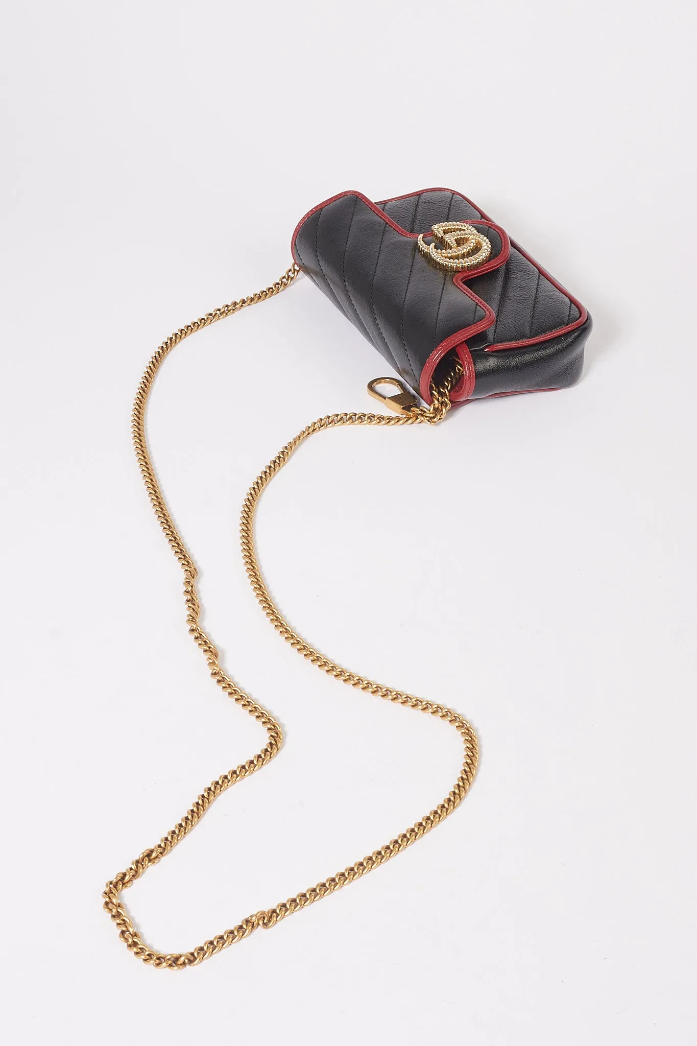 Gucci Black/Red Matelassé Diagonal Leather Torchon GG Marmont Super Mini Bag