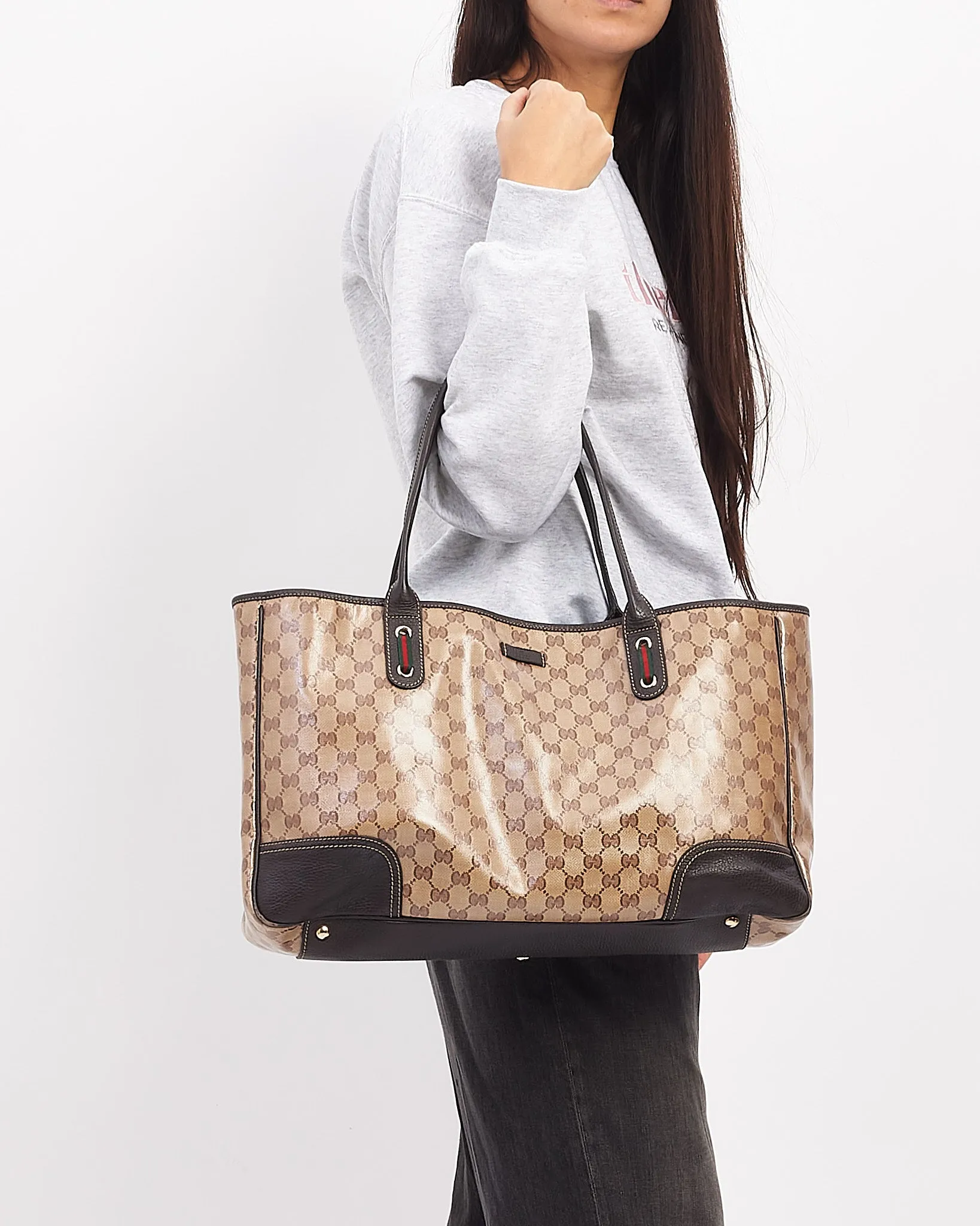 Gucci Brown GG Supreme Canvas Large Crystal Tote