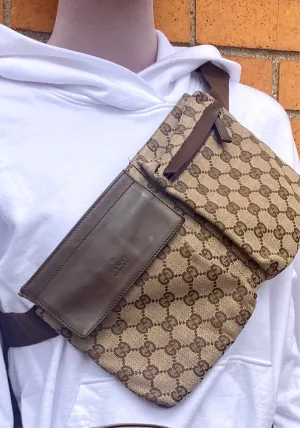 Gucci GG Canvas and Brown Leather Double Pouch Belt Bag