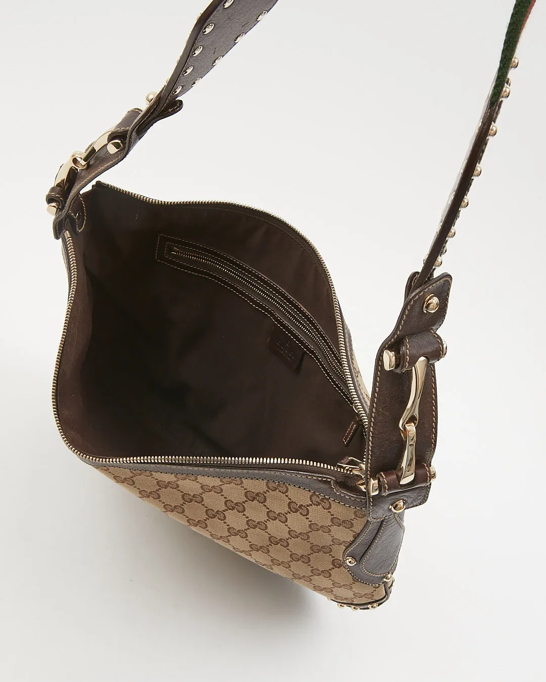 Gucci GG Supreme Brown Canvas Studded Web Guitar Strap Shoulder Bag