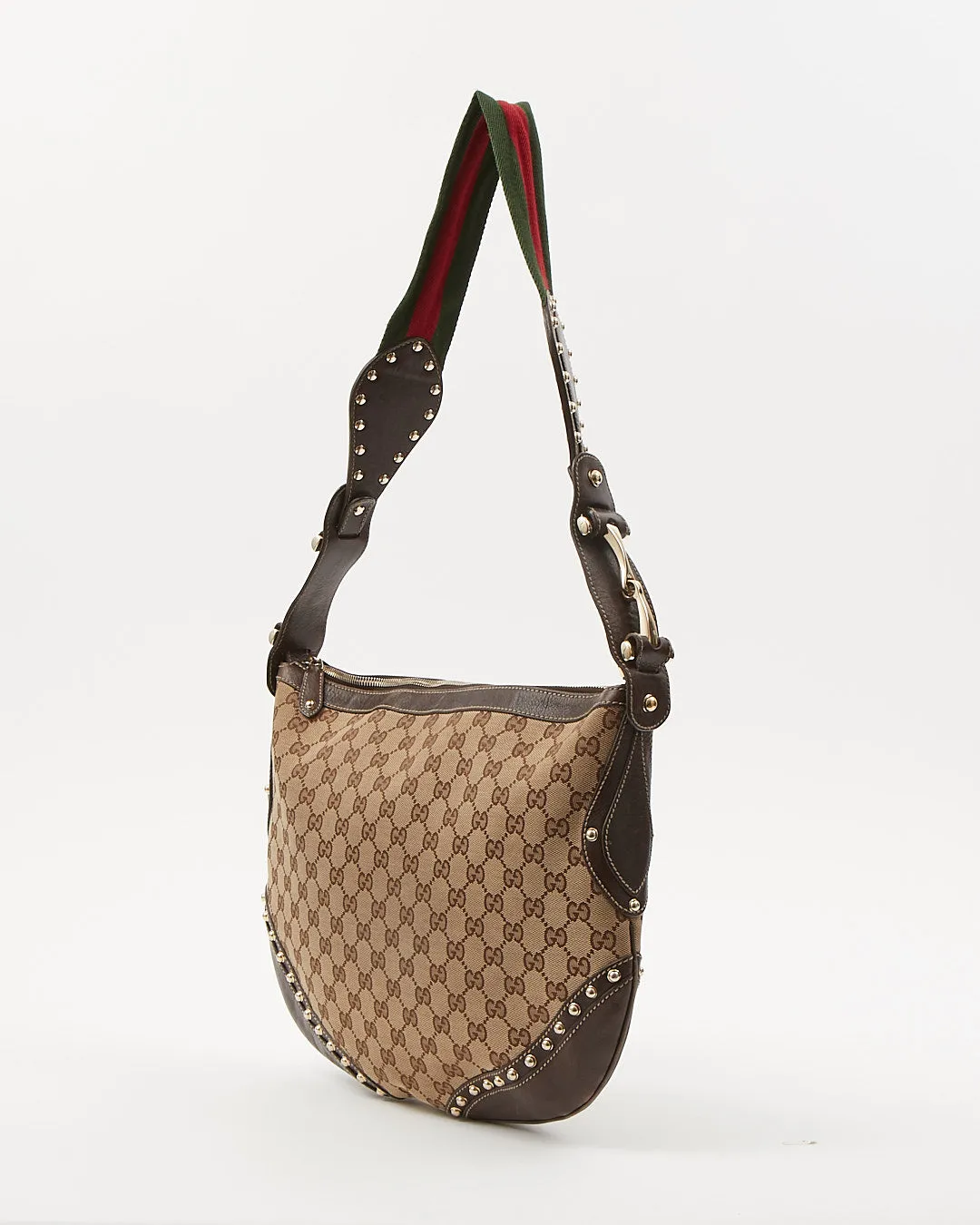 Gucci GG Supreme Brown Canvas Studded Web Guitar Strap Shoulder Bag