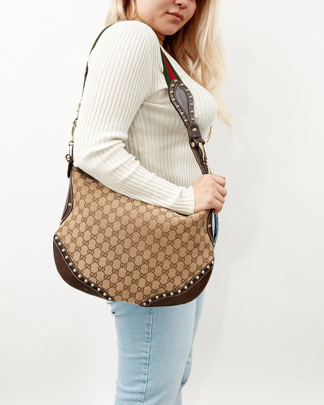 Gucci GG Supreme Brown Canvas Studded Web Guitar Strap Shoulder Bag