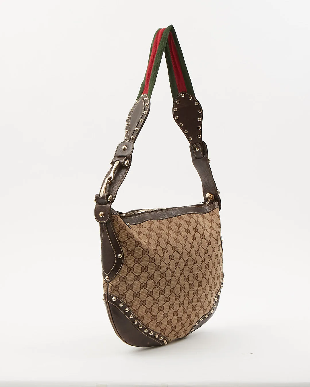 Gucci GG Supreme Brown Canvas Studded Web Guitar Strap Shoulder Bag