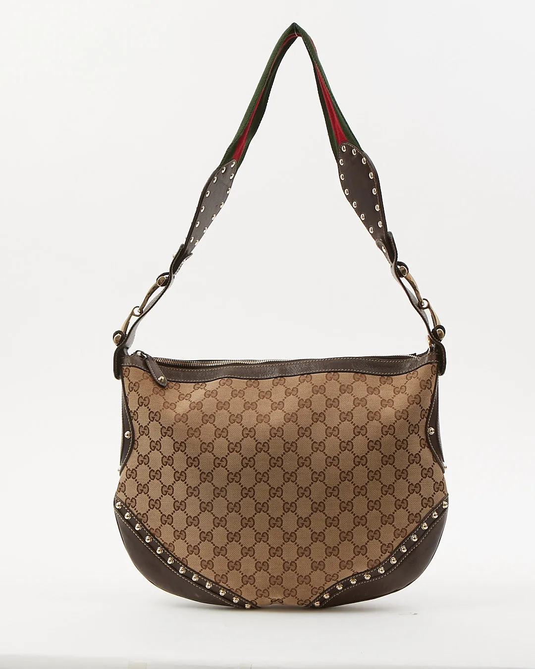 Gucci GG Supreme Brown Canvas Studded Web Guitar Strap Shoulder Bag