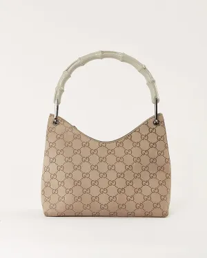 Gucci Grey GG Supreme Suede Bamboo Shoulder Bag