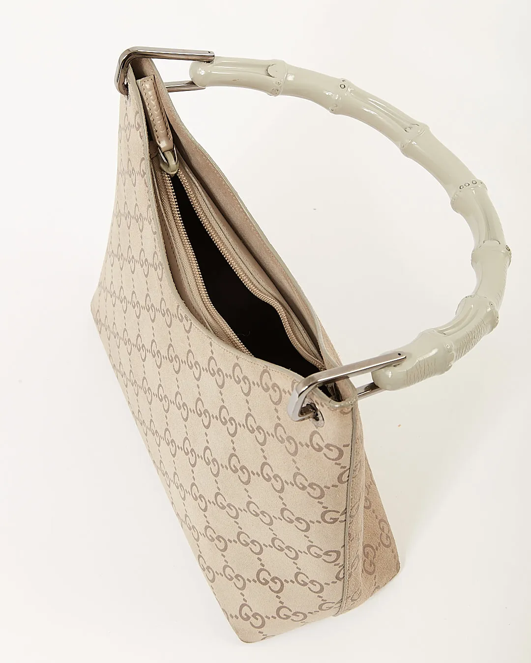 Gucci Grey GG Supreme Suede Bamboo Shoulder Bag