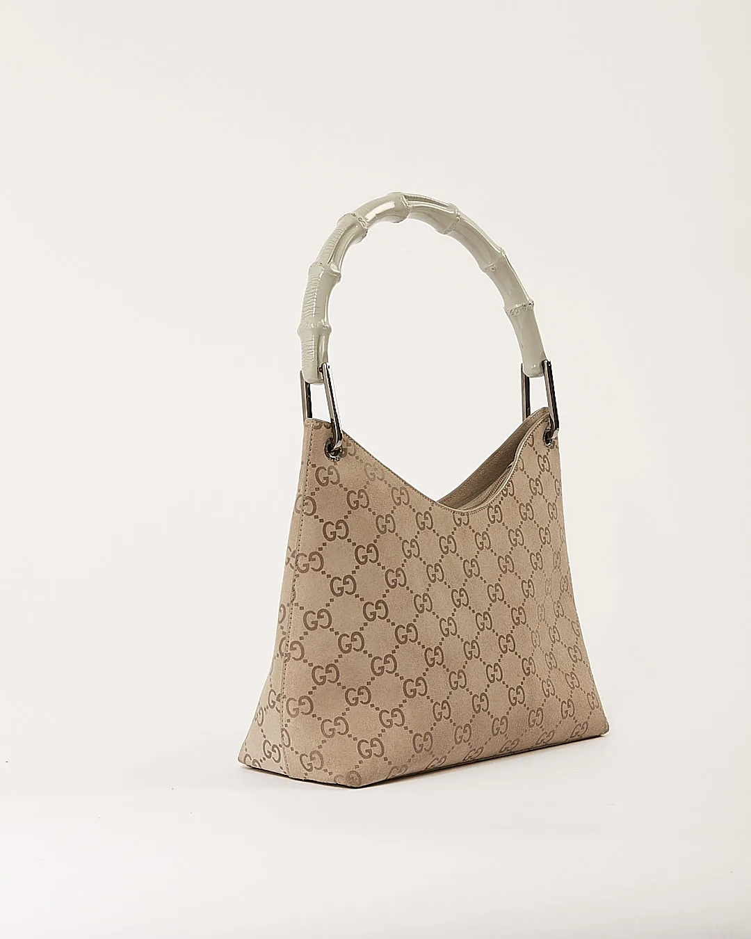Gucci Grey GG Supreme Suede Bamboo Shoulder Bag