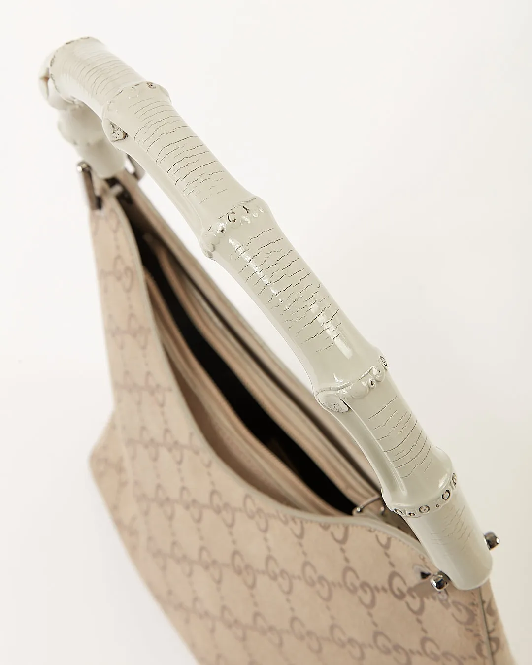 Gucci Grey GG Supreme Suede Bamboo Shoulder Bag