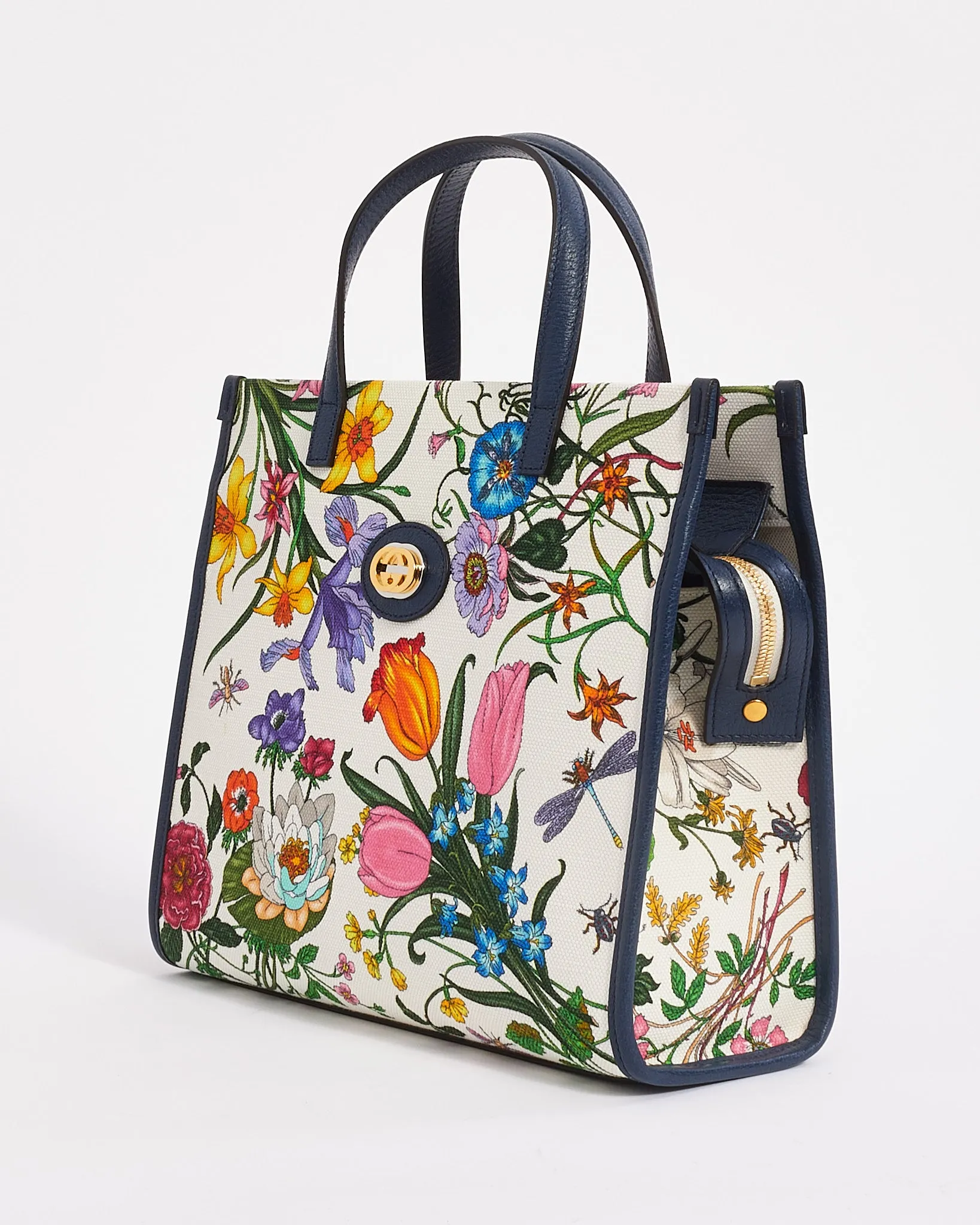 Gucci Navy Multi Canvas Flora Tote with Strap
