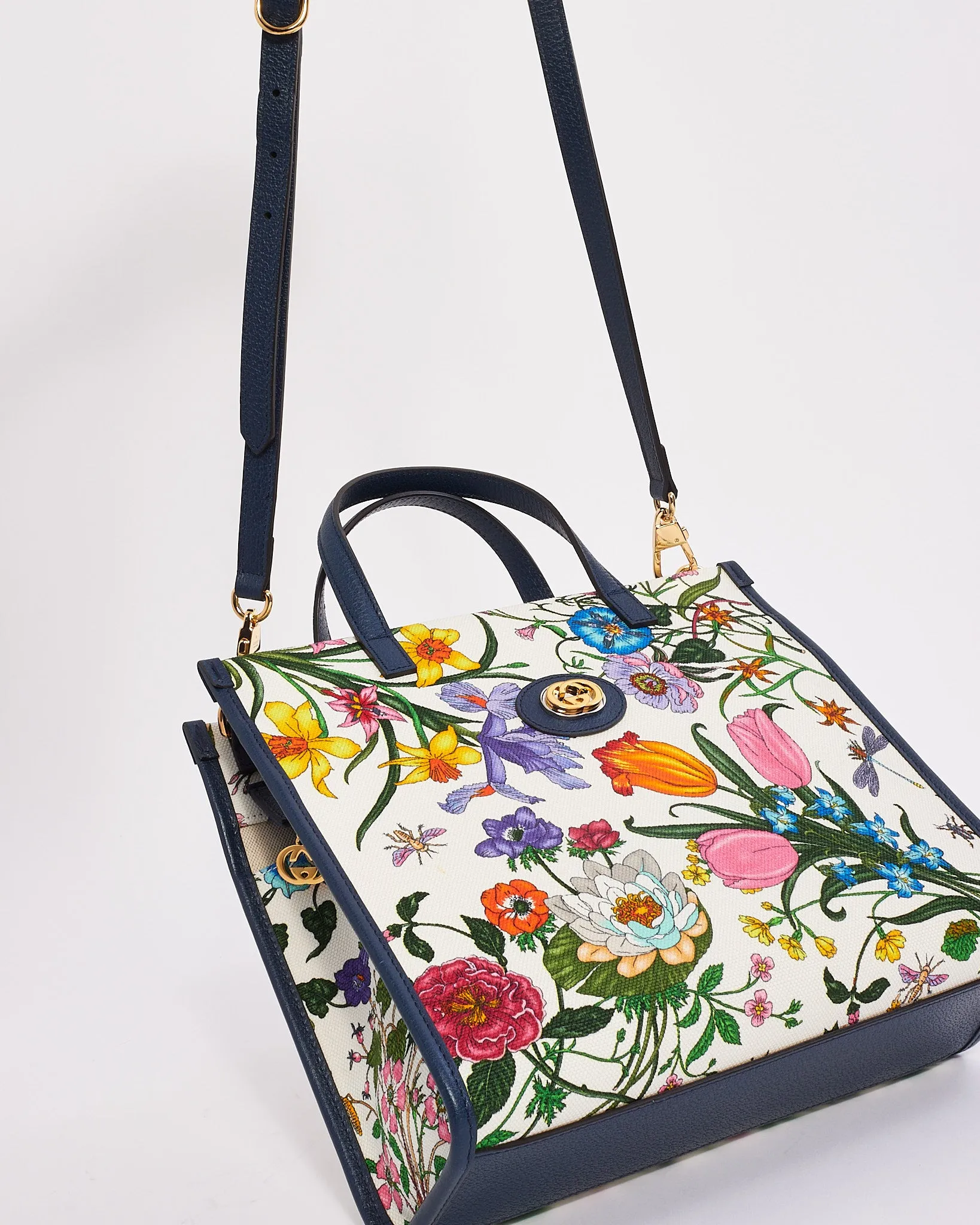 Gucci Navy Multi Canvas Flora Tote with Strap