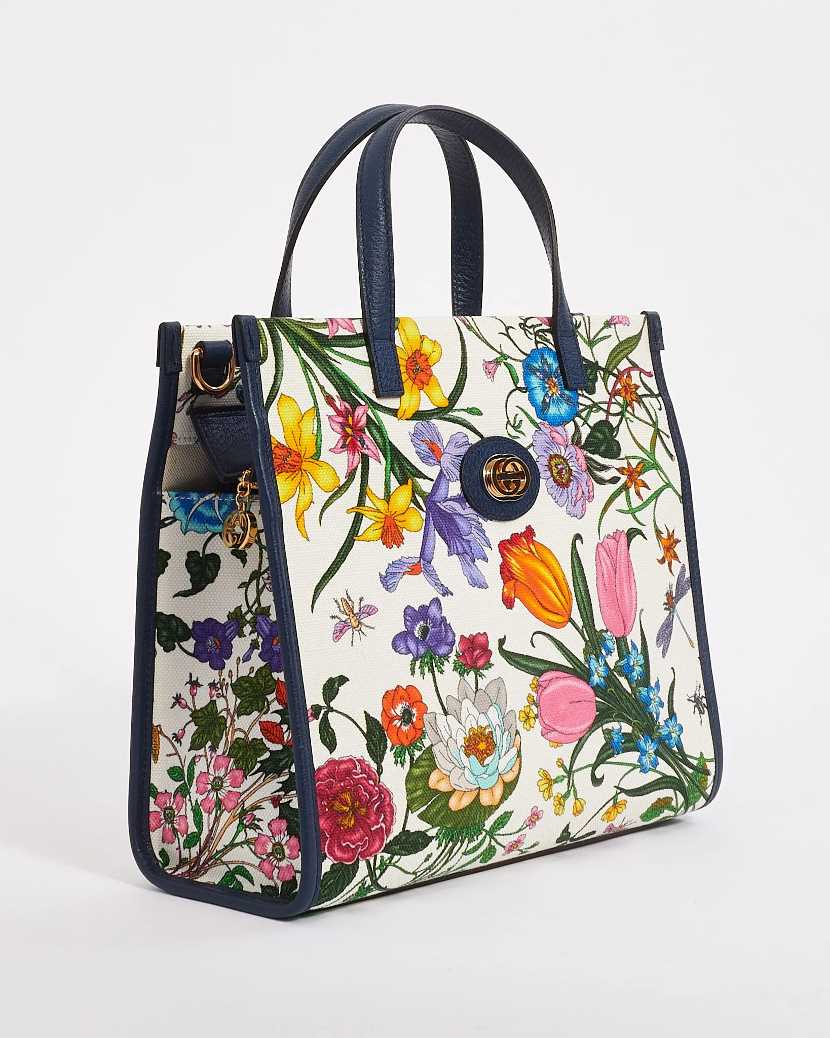Gucci Navy Multi Canvas Flora Tote with Strap