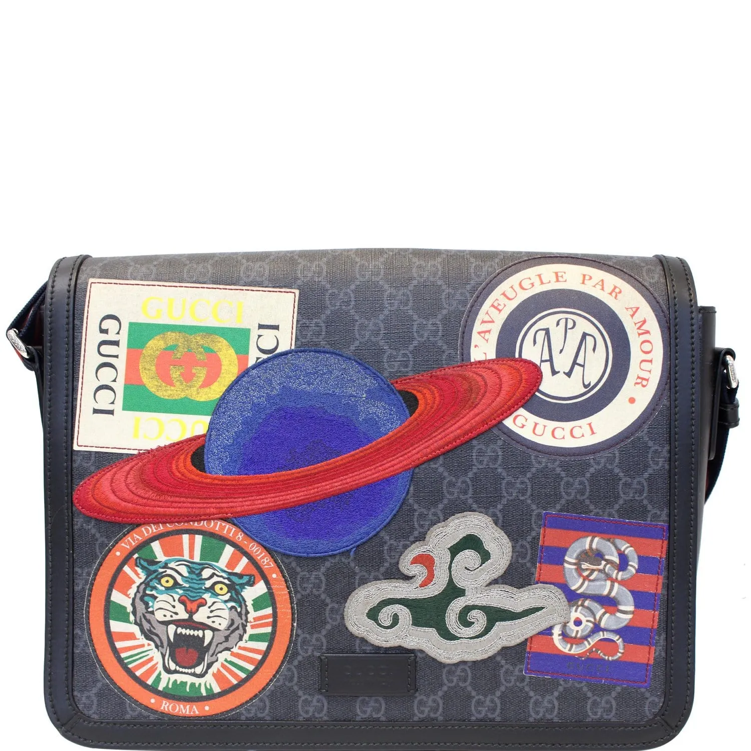 GUCCI  Night Courrier GG Supreme Flap Messenger Bag Black/Grey 474138
