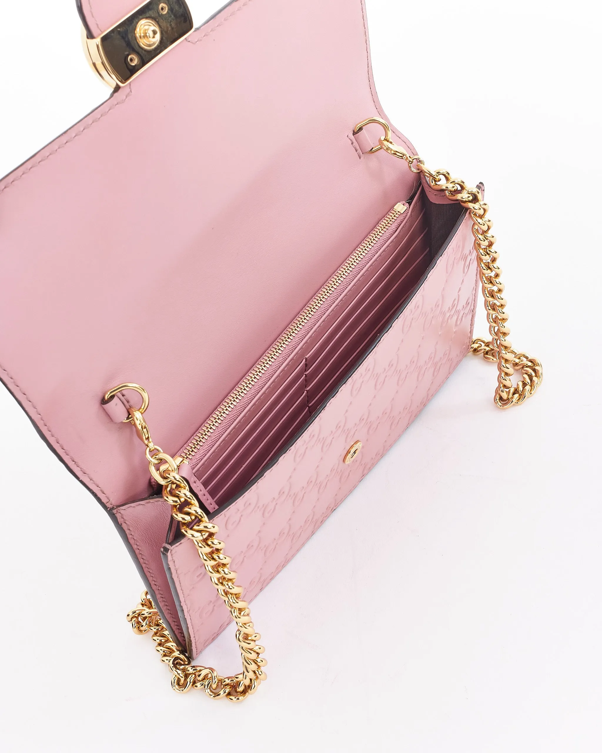 Gucci Pink Leather Signature GG Embossed Wallet On Chain