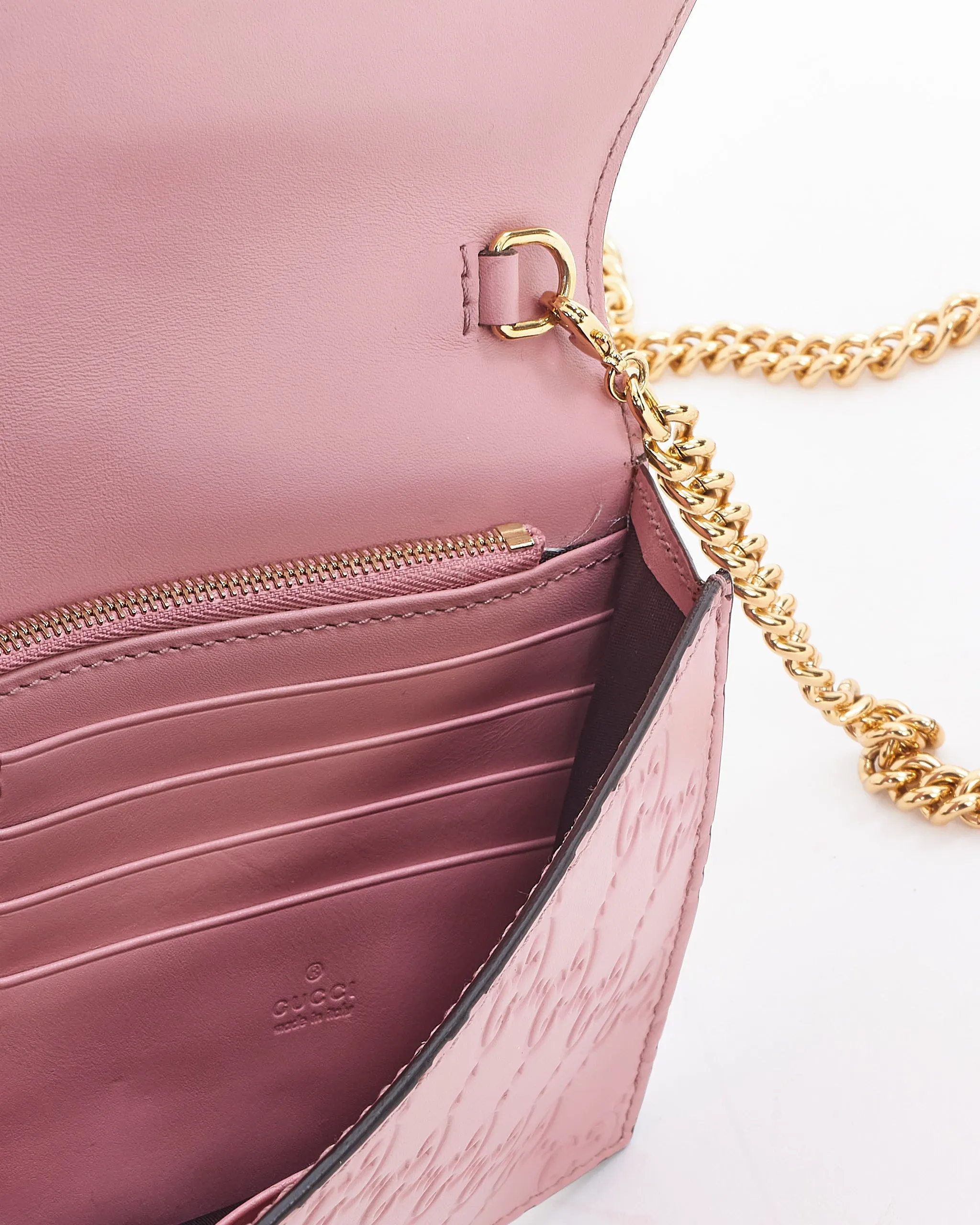 Gucci Pink Leather Signature GG Embossed Wallet On Chain