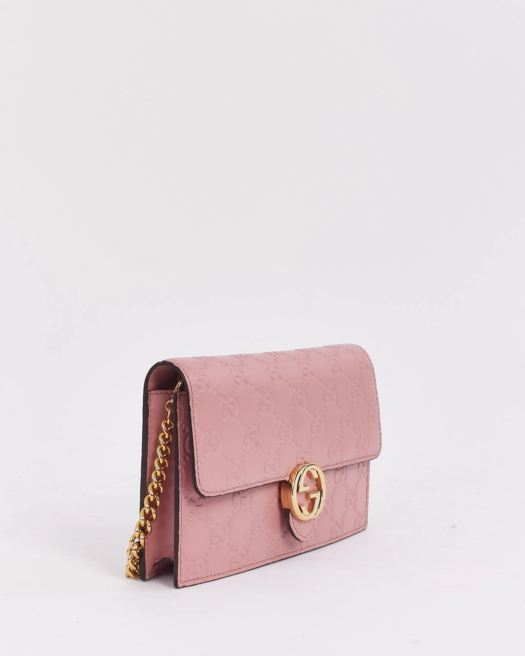 Gucci Pink Leather Signature GG Embossed Wallet On Chain