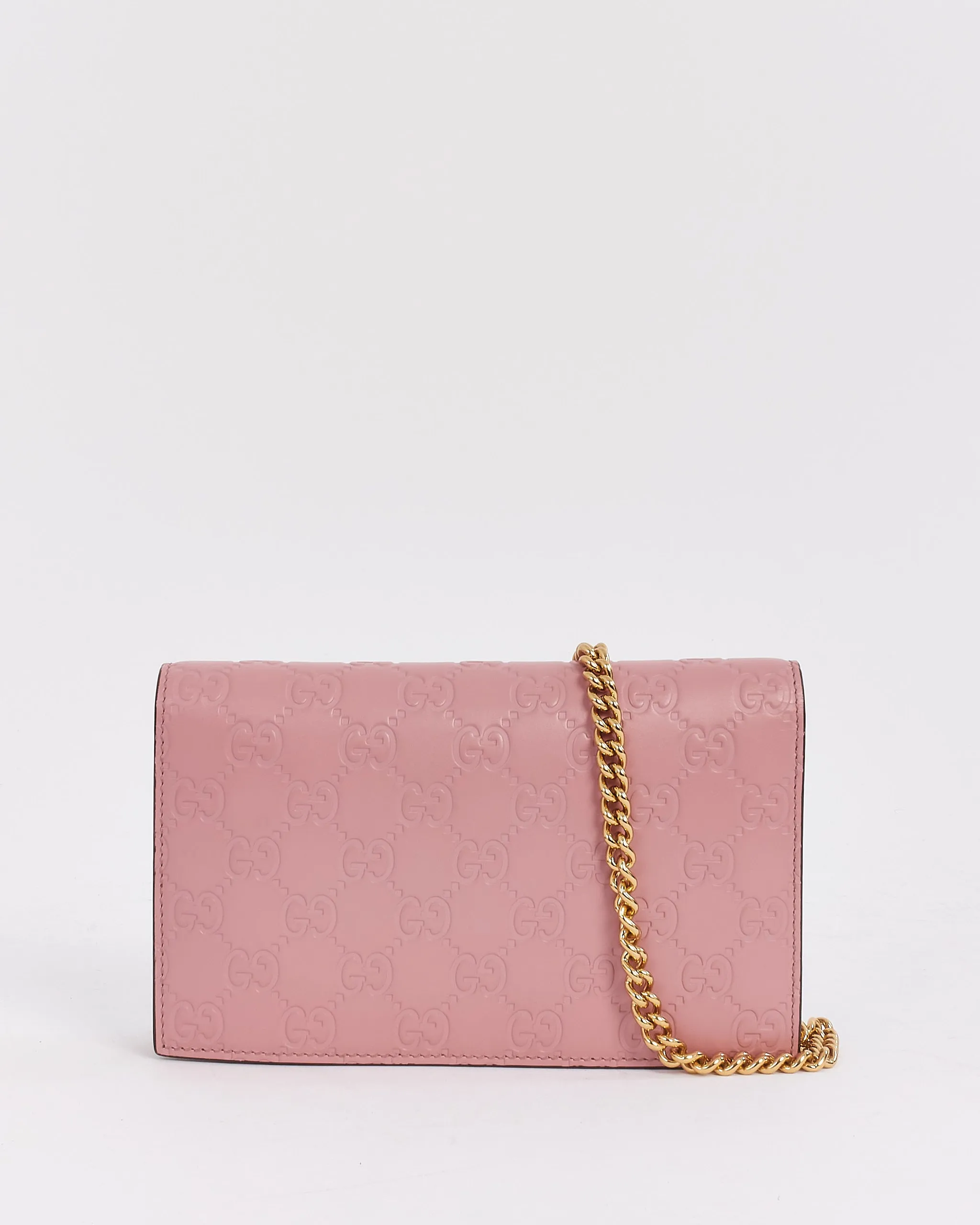 Gucci Pink Leather Signature GG Embossed Wallet On Chain