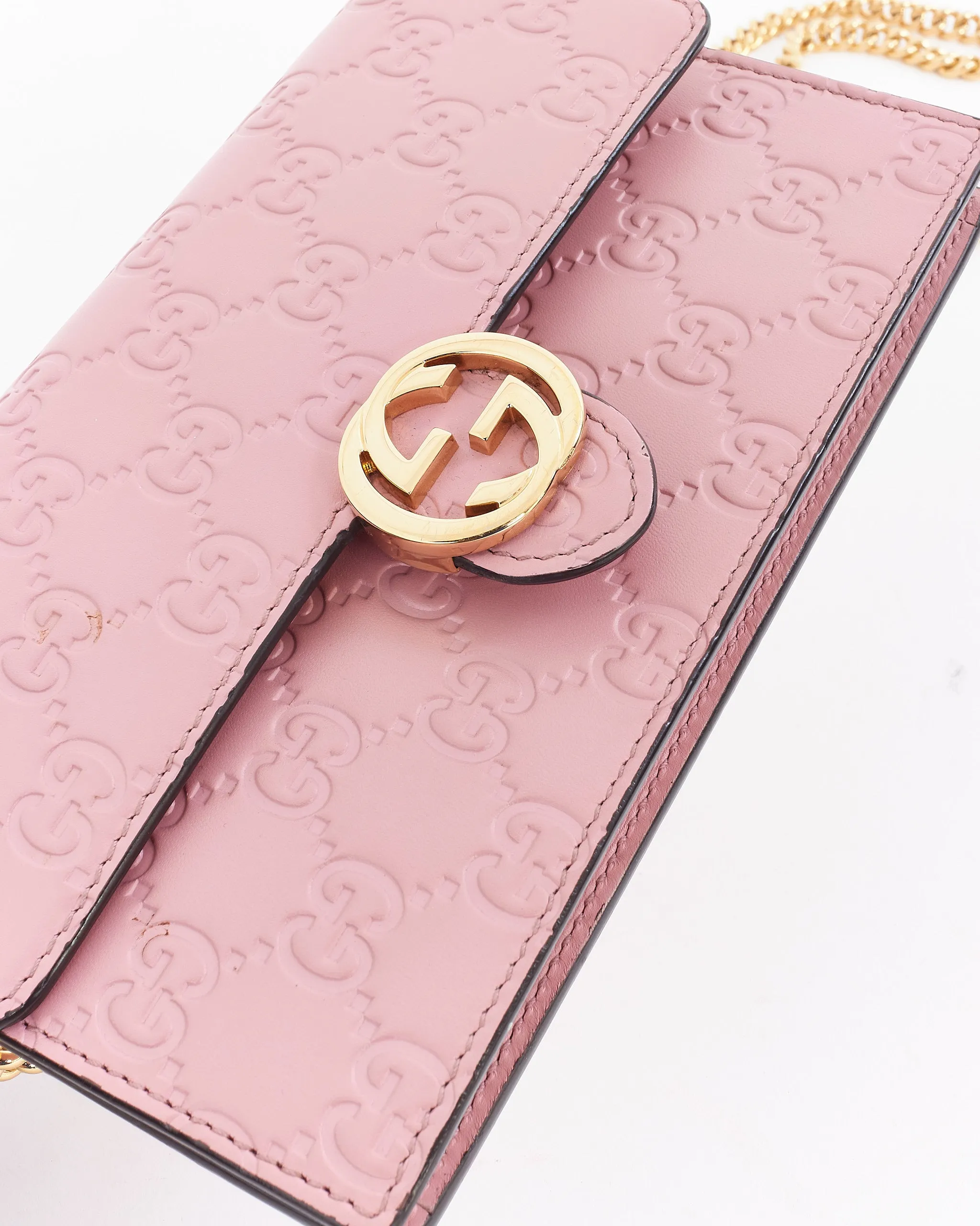 Gucci Pink Leather Signature GG Embossed Wallet On Chain