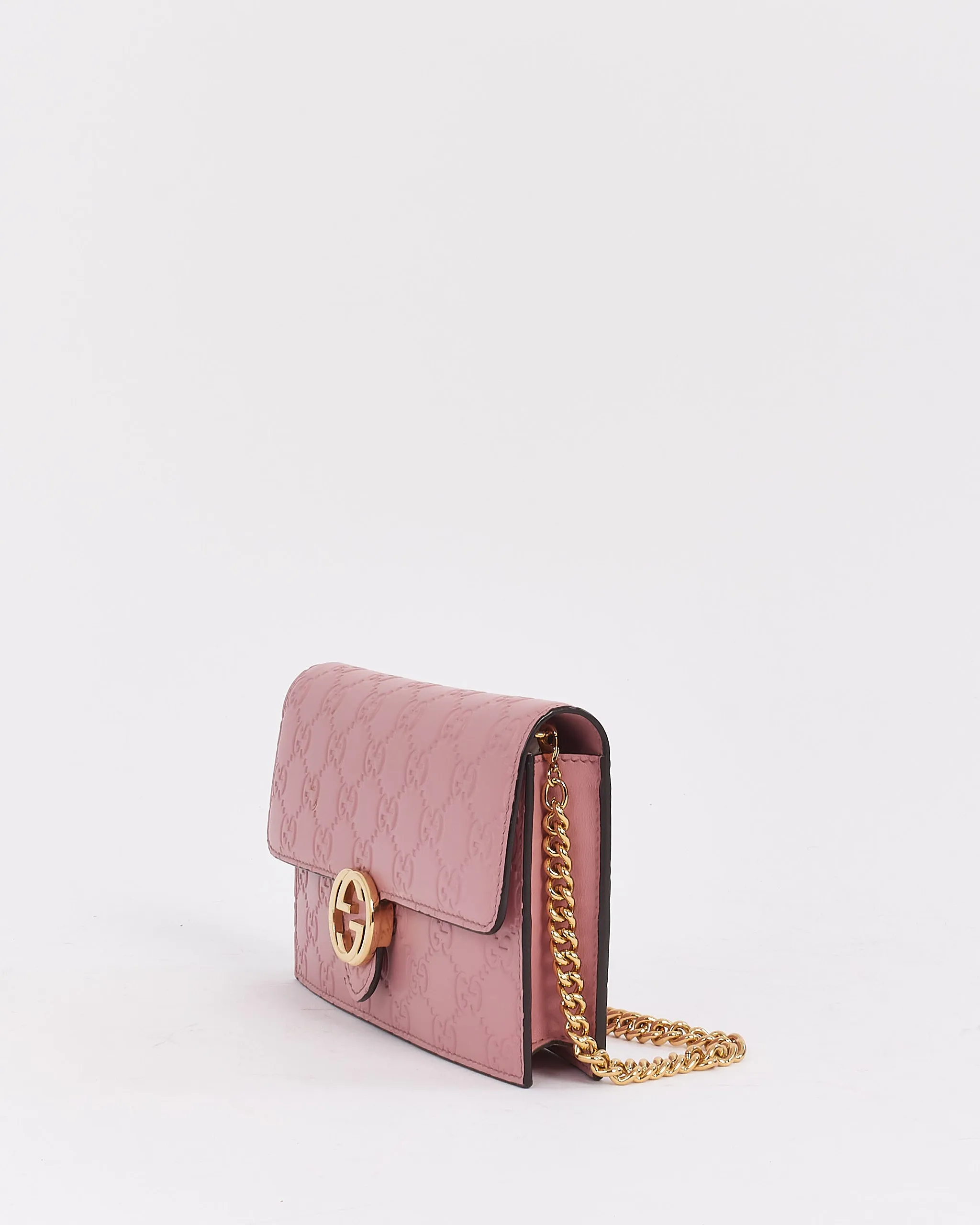 Gucci Pink Leather Signature GG Embossed Wallet On Chain