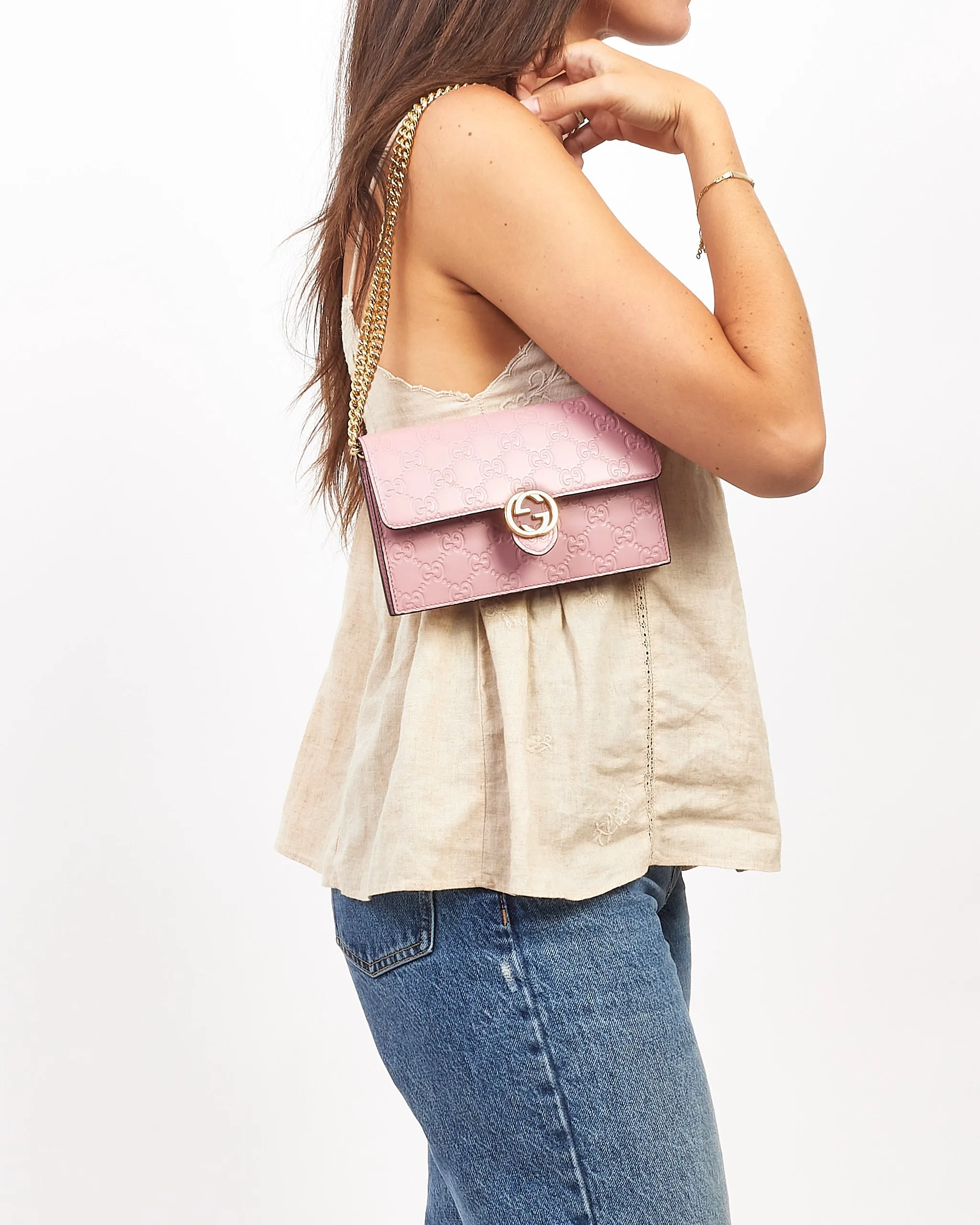 Gucci Pink Leather Signature GG Embossed Wallet On Chain