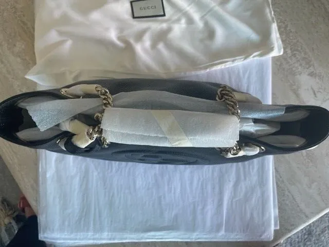 Gucci Soho Leather Silver Chain Shoulder Handbag Black Bag NEW