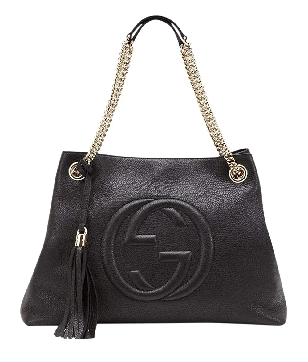 Gucci Soho Leather Silver Chain Shoulder Handbag Black Bag NEW