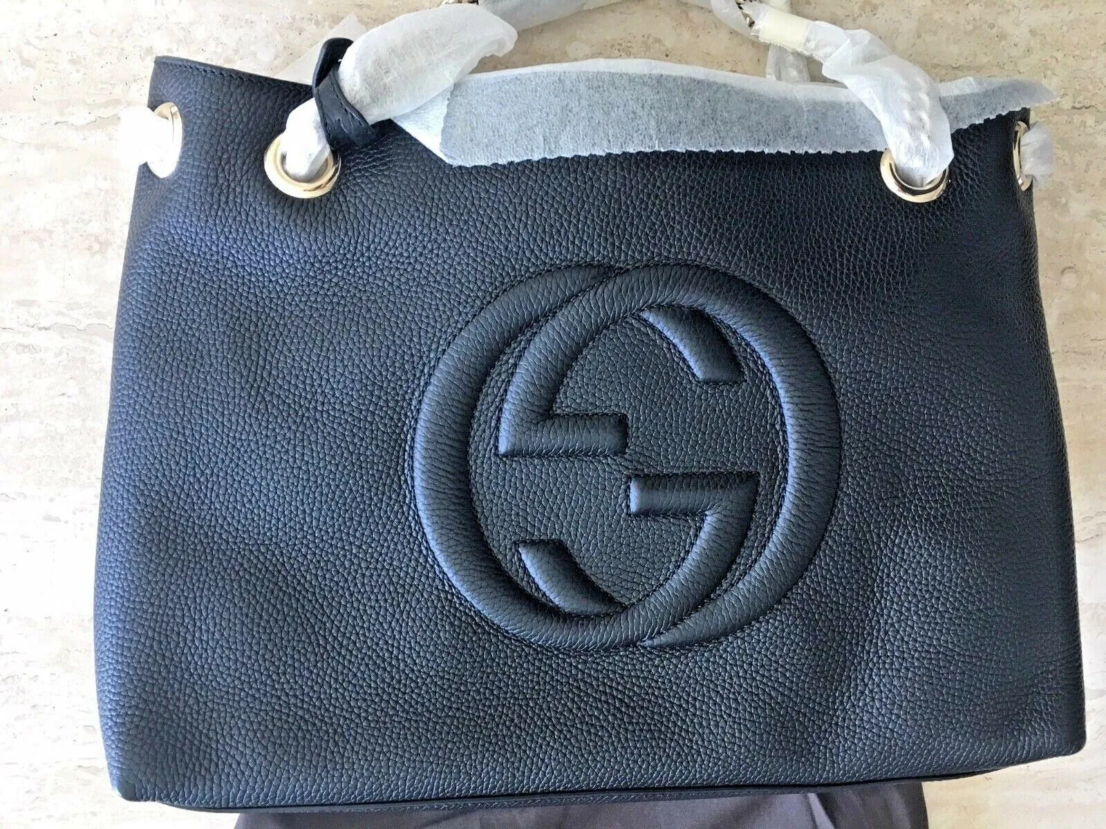 Gucci Soho Leather Silver Chain Shoulder Handbag Black Bag NEW