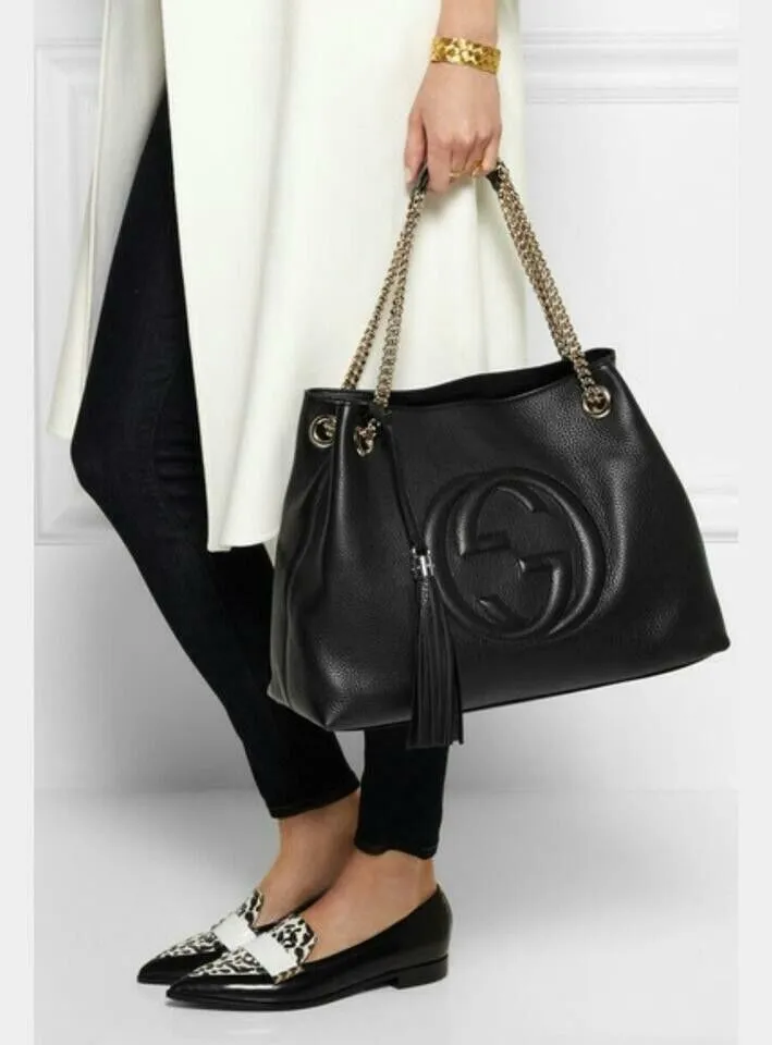 Gucci Soho Leather Silver Chain Shoulder Handbag Black Bag NEW