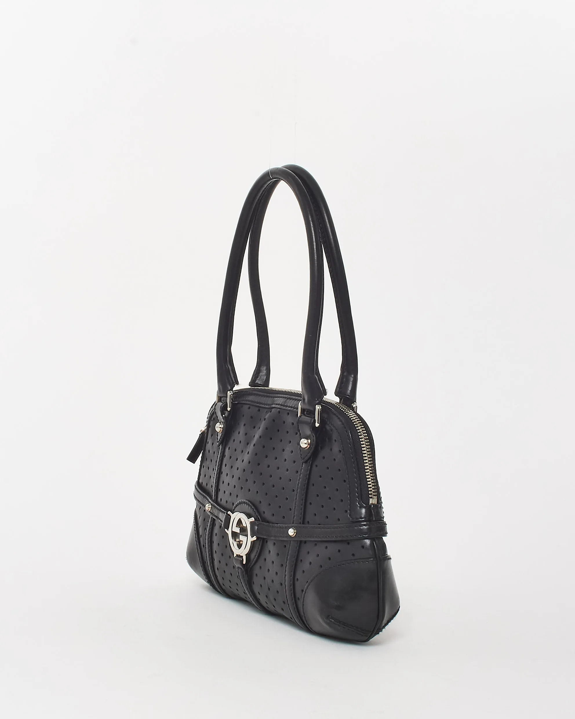 Gucci Vintage Black Perforated Leather Interlocking GG Reins Shoulder Bag