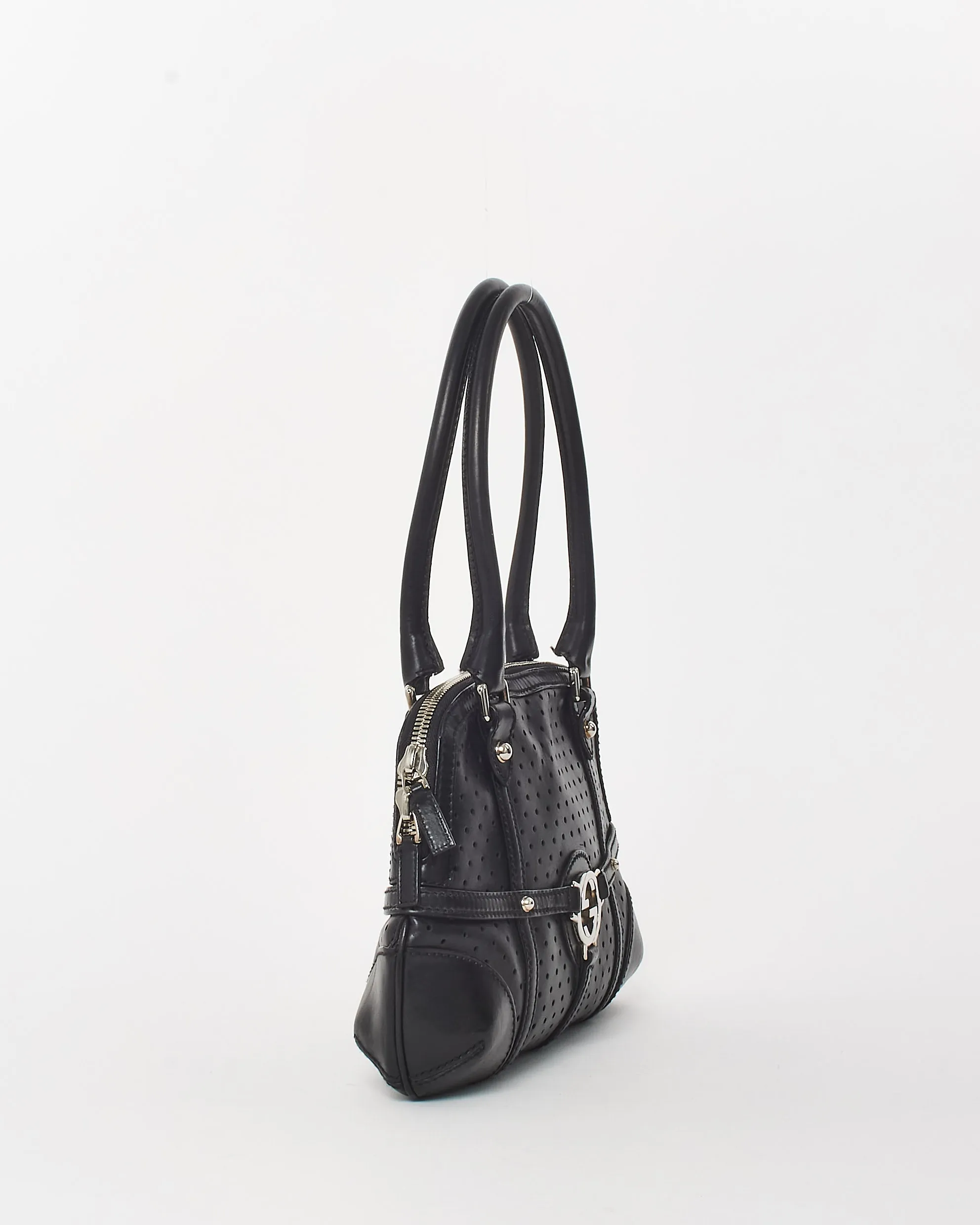 Gucci Vintage Black Perforated Leather Interlocking GG Reins Shoulder Bag