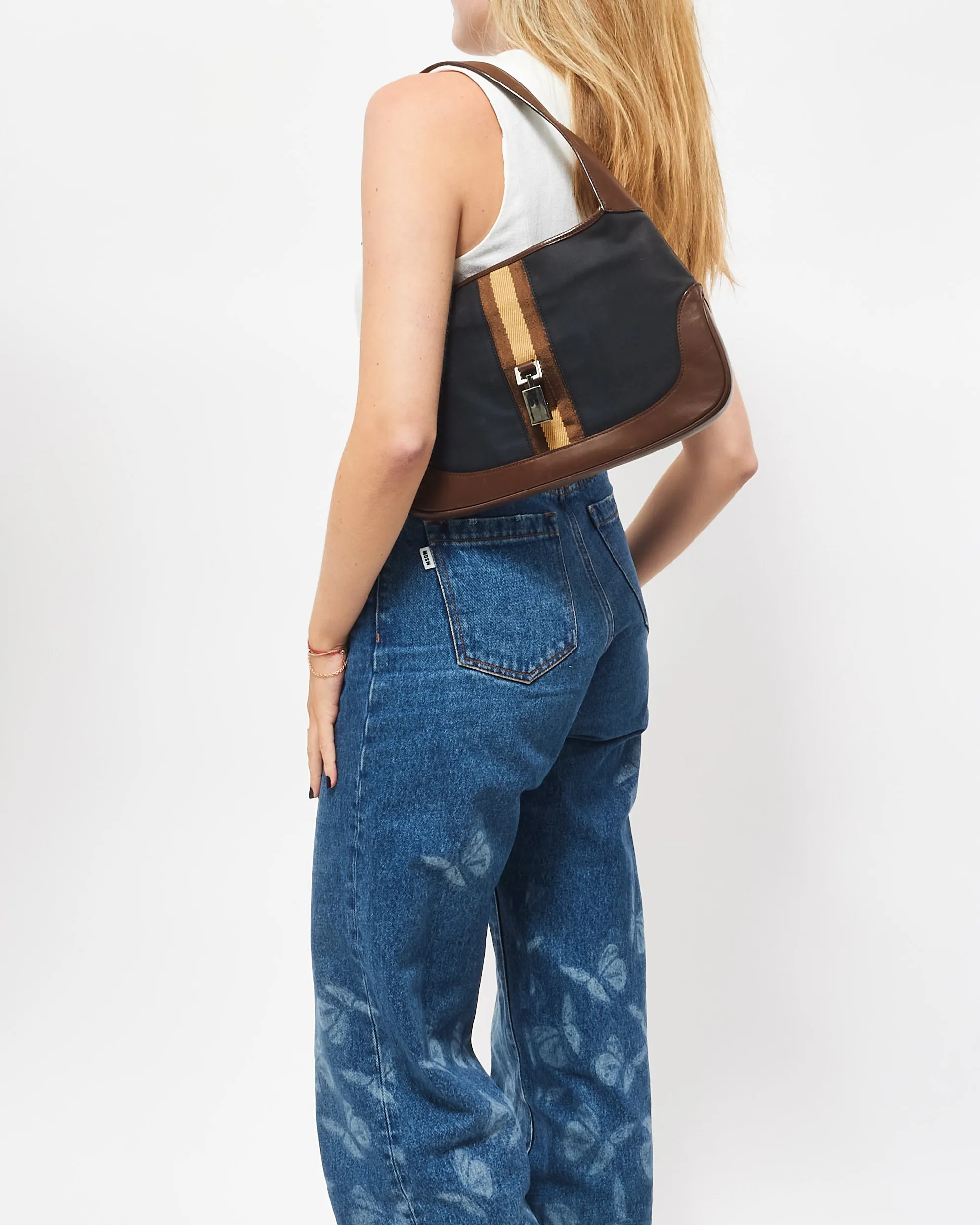 Gucci Vintage Navy Canvas & Brown Leather Jackie Bag