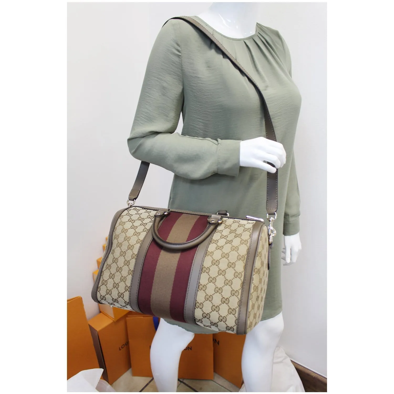 GUCCI Vintage Web Original GG Boston Bag Beige 247205