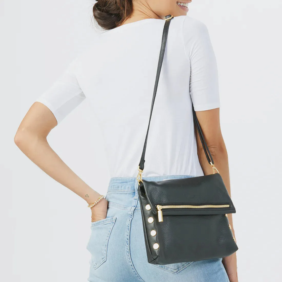 Hammitt VIP Medium Black/Brushed Gold Leather Crossbody Clutch