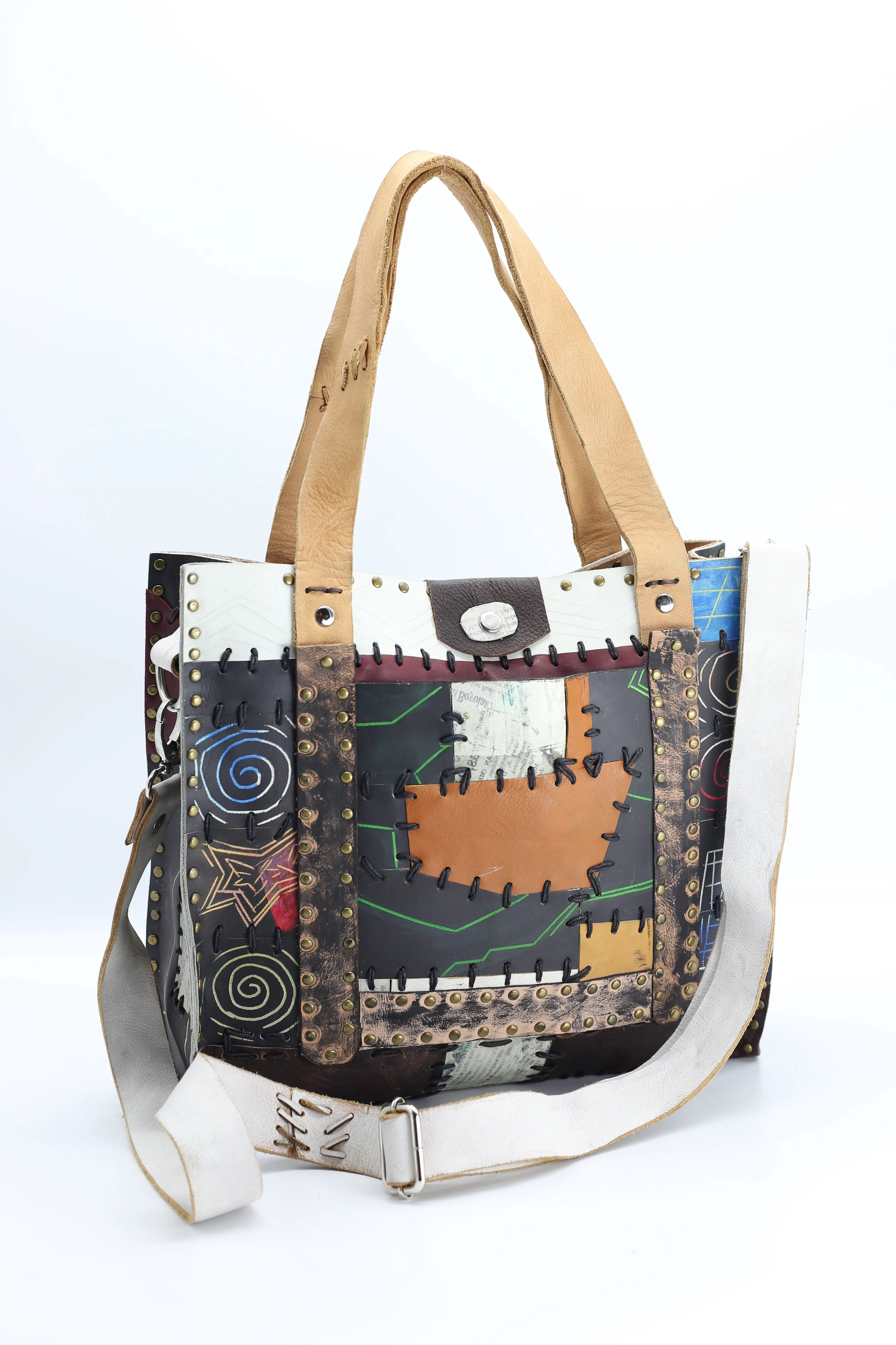 Hand Crafted Cross Body Tote Bag With A Strap From Recycled Leather