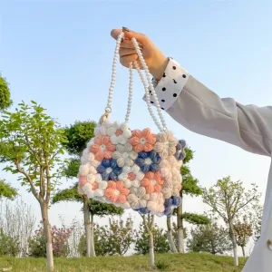 Hand woven woolen bag with puff flowers