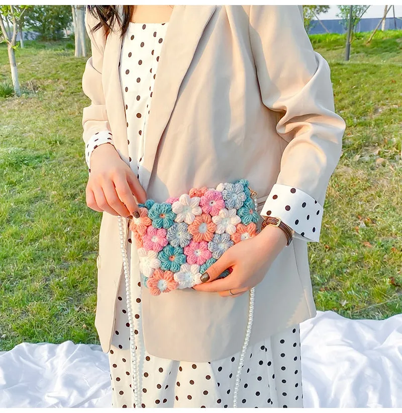 Hand woven woolen bag with puff flowers