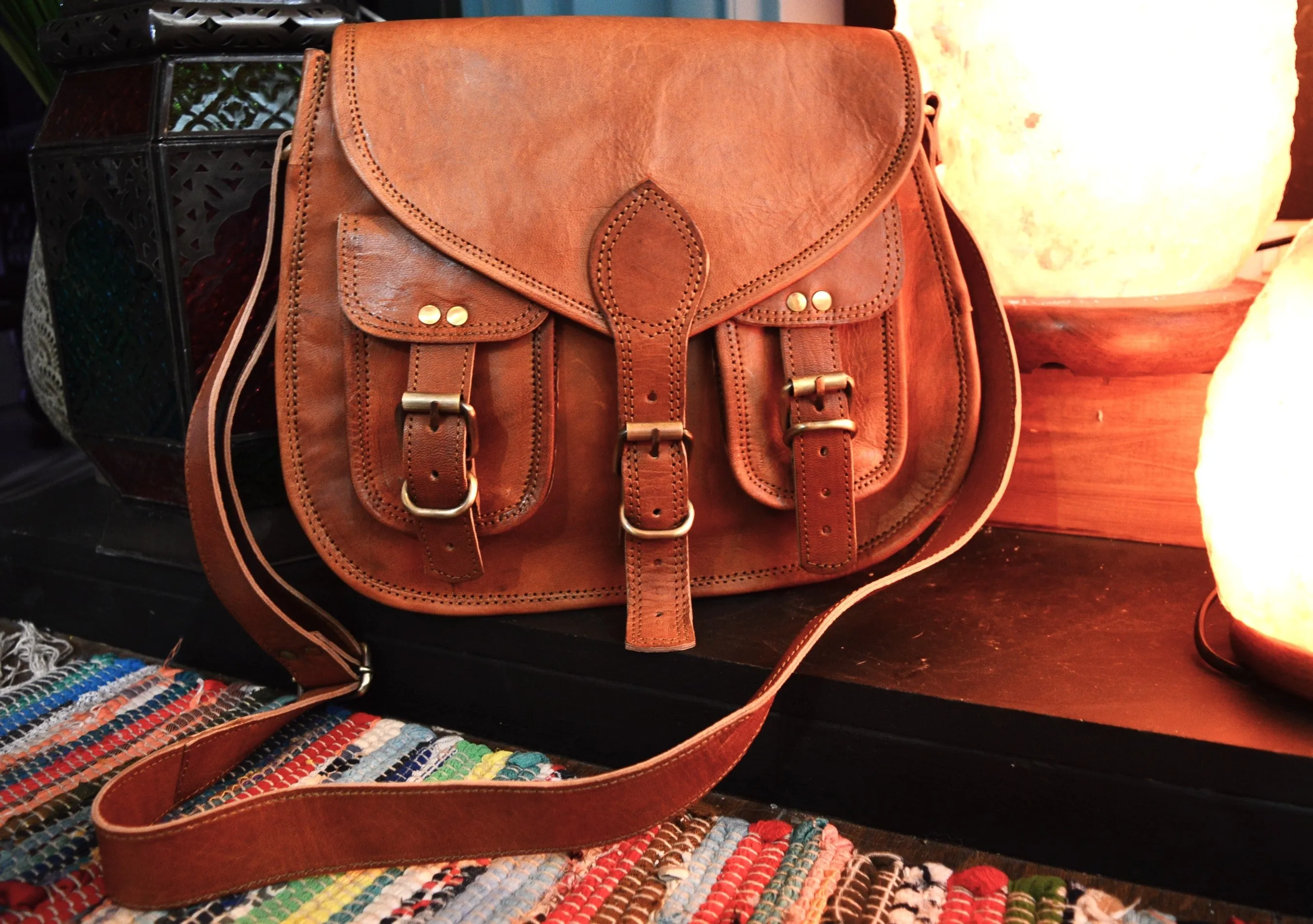 Handmade Leather Saddle Bag with Double Pocket Front