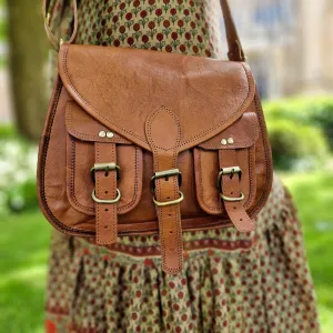 Handmade Leather Saddle Bag with Double Pocket Front