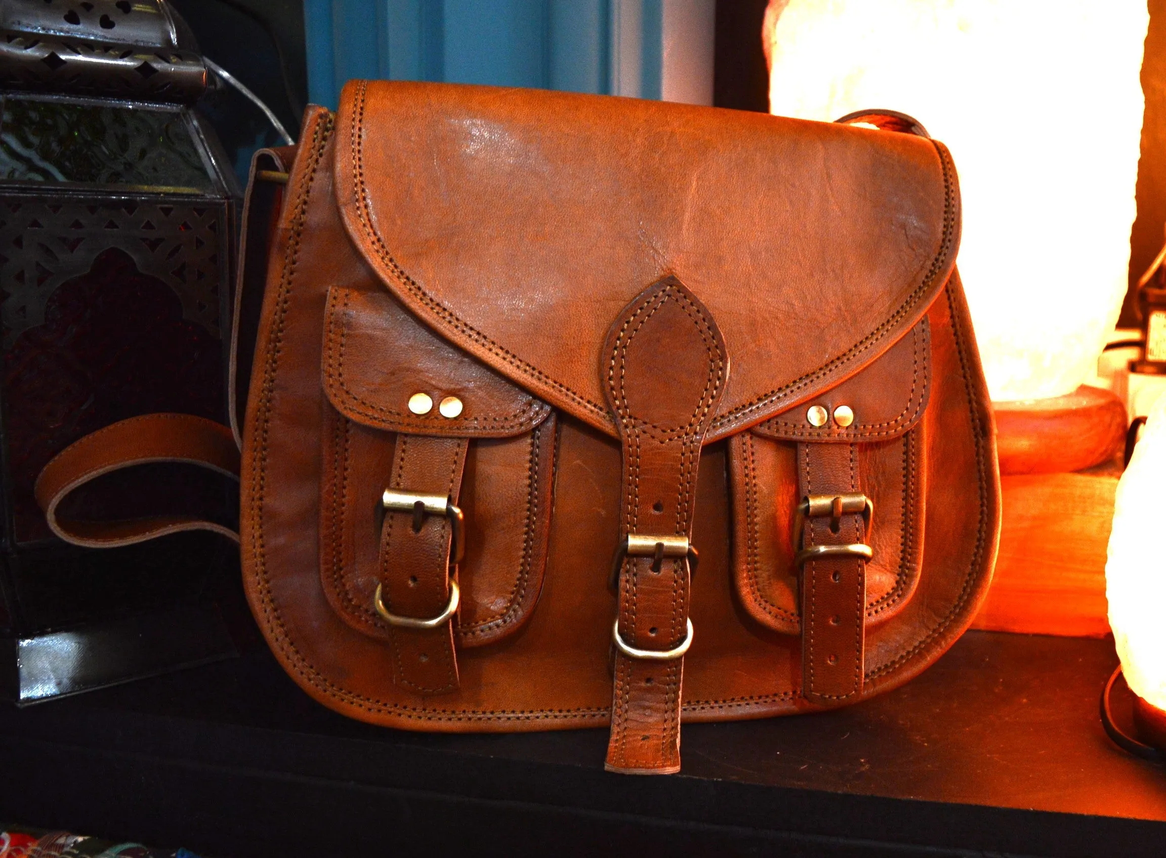 Handmade Leather Saddle Bag with Double Pocket Front