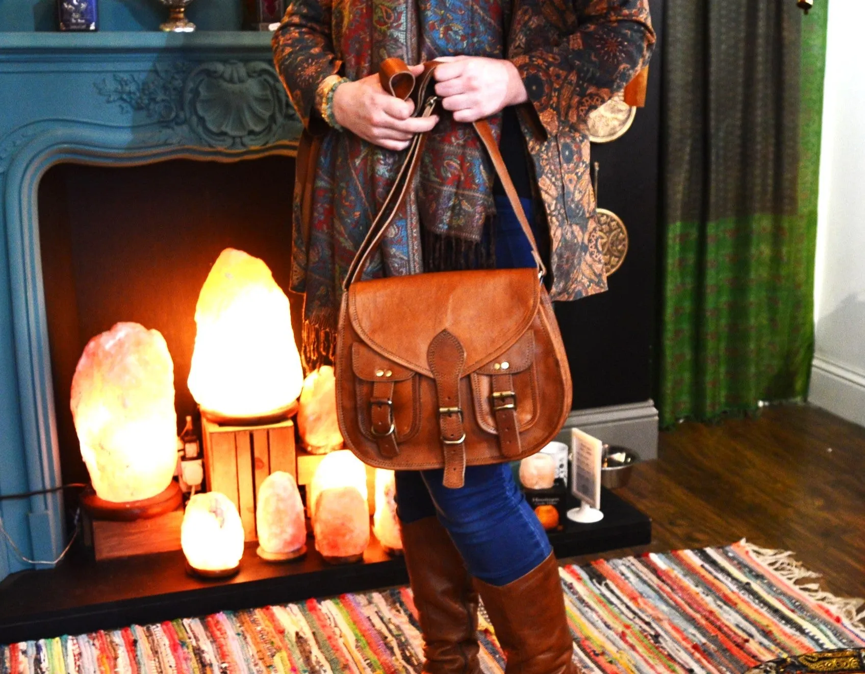 Handmade Leather Saddle Bag with Double Pocket Front