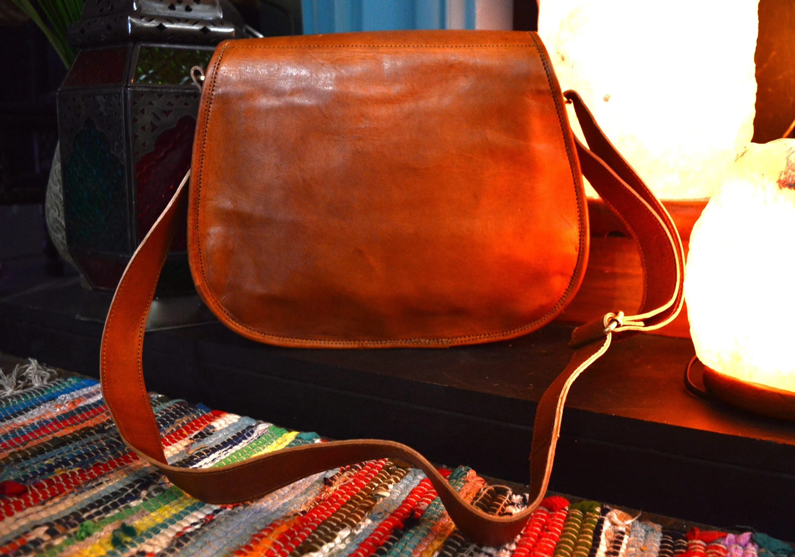 Handmade Leather Saddle Bag with Double Pocket Front