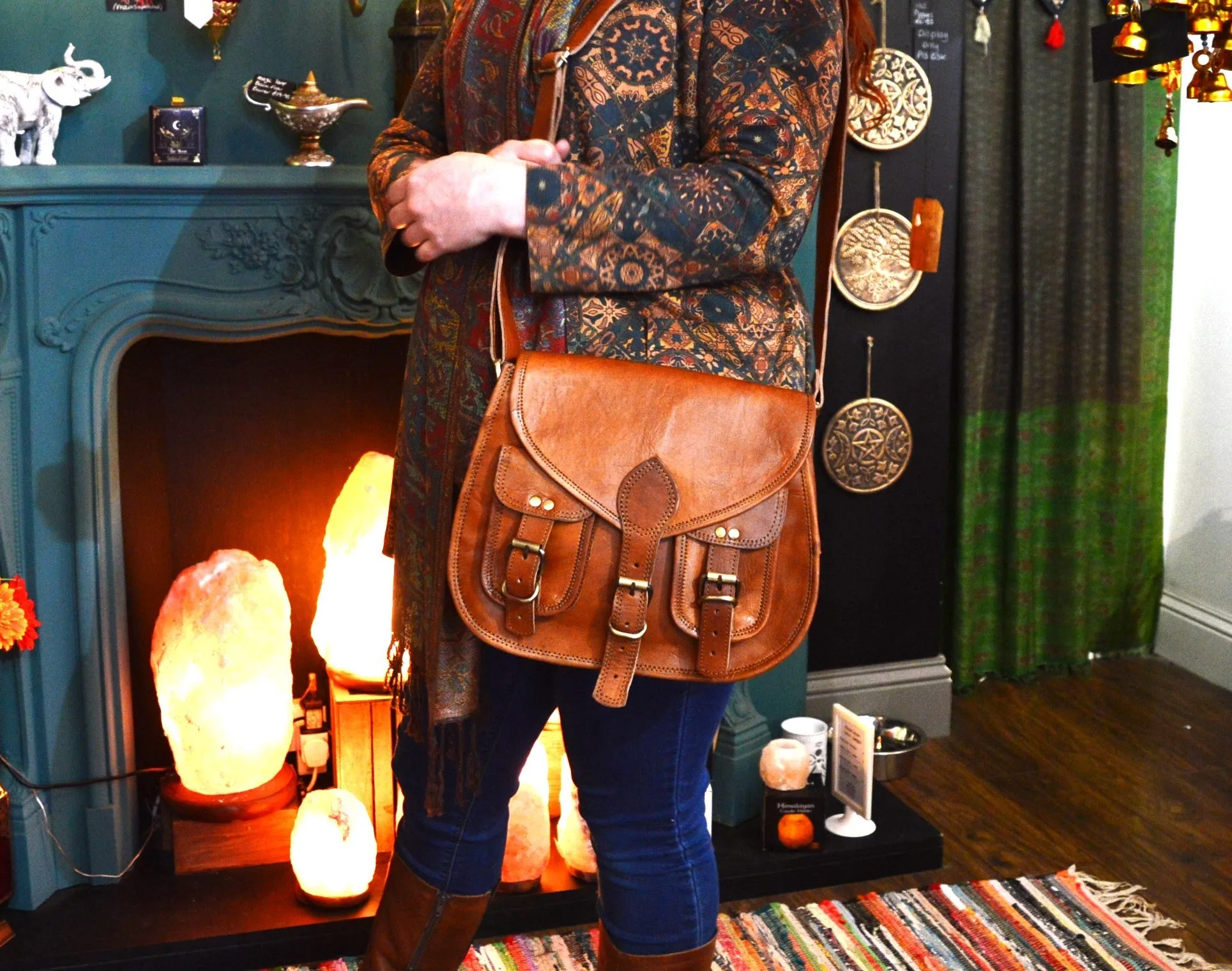 Handmade Leather Saddle Bag with Double Pocket Front